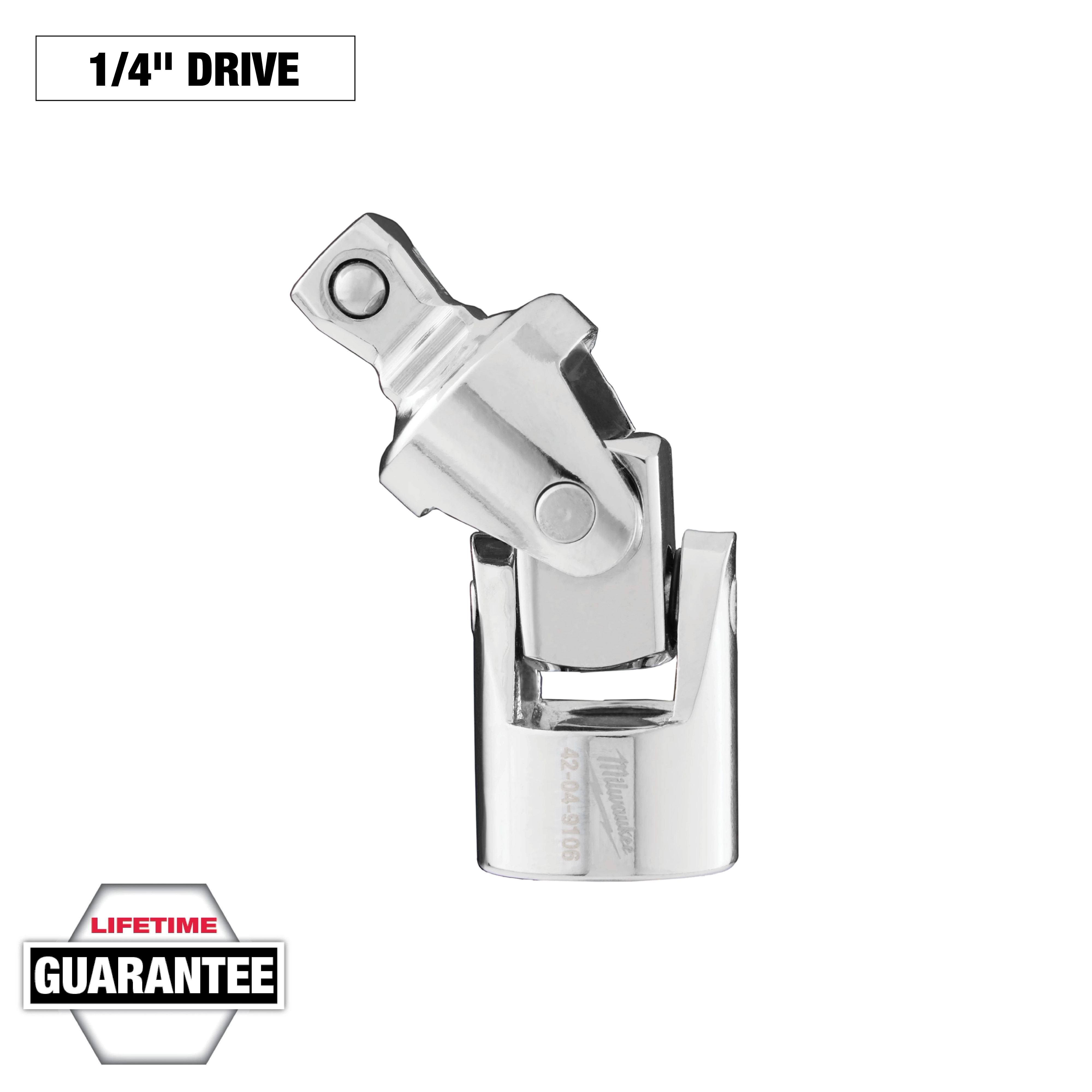 The image shows a 1/4" Drive Universal Joint with a shiny, metallic finish. The product has a flexible, angled joint for maneuvering in tight spaces. A "Lifetime Guarantee" badge is visible in the bottom corner.