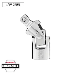 The image shows a 1/4" Drive Universal Joint with a shiny, metallic finish. The product has a flexible, angled joint for maneuvering in tight spaces. A "Lifetime Guarantee" badge is visible in the bottom corner.