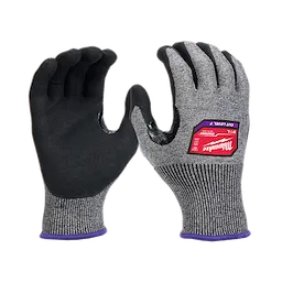 Cut Level 7 High-Dexterity Nitrile Dipped Gloves - L, featuring black nitrile palms and gray knit fabric on the back with a red label.