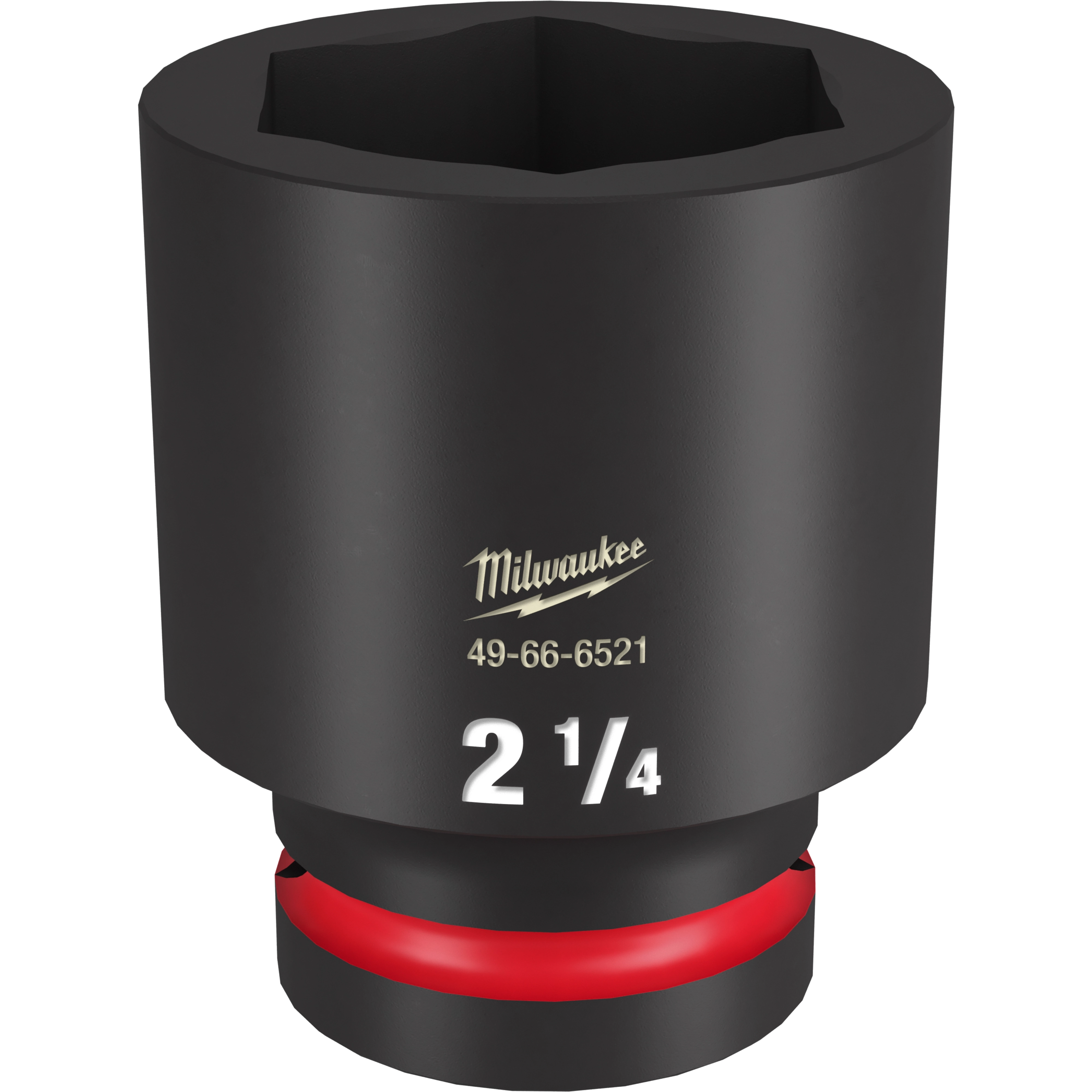 Black 1" DR 2-1/4" Deep Impact Socket with gold text, model number 49-66-6521, and a white 2-1/4" measurement. It features a red accent ring near the base.