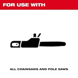 1 Gallon Biodegradable All Season Bar and Chain Lubricant is suitable for use with all chainsaws and pole saws. Image includes a black silhouette of a chainsaw, with bold text stating "FOR USE WITH" at the top and "ALL CHAINSAWS AND POLE SAWS" at the bottom.