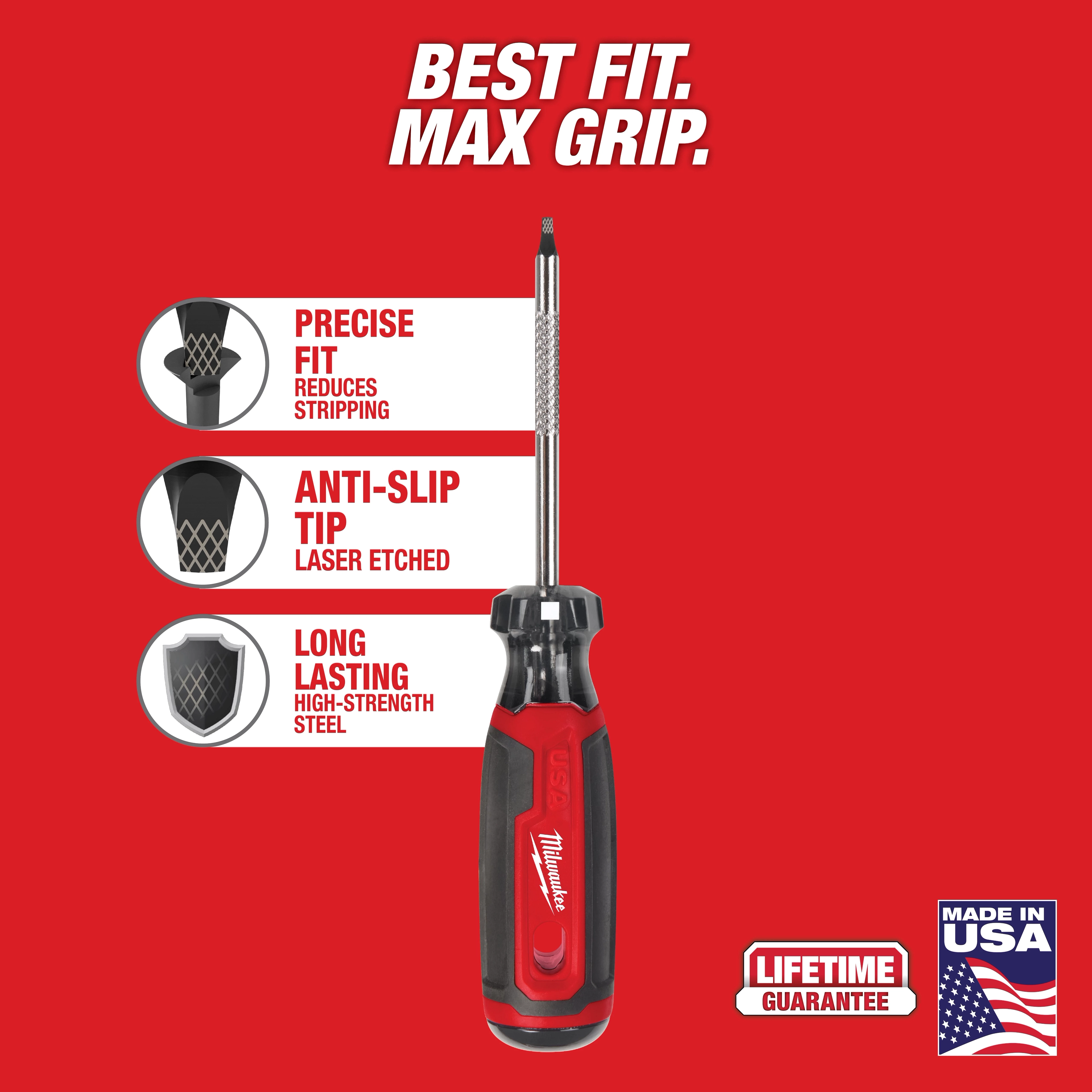 %231 Square 3" Cushion Grip Screwdriver (USA) features precise fit reducing stripping, anti-slip laser etched tip, and long-lasting high-strength steel. Red and black handle with lifetime guarantee logo and Made in USA insignia. Background is red with white text "Best Fit. Max Grip."