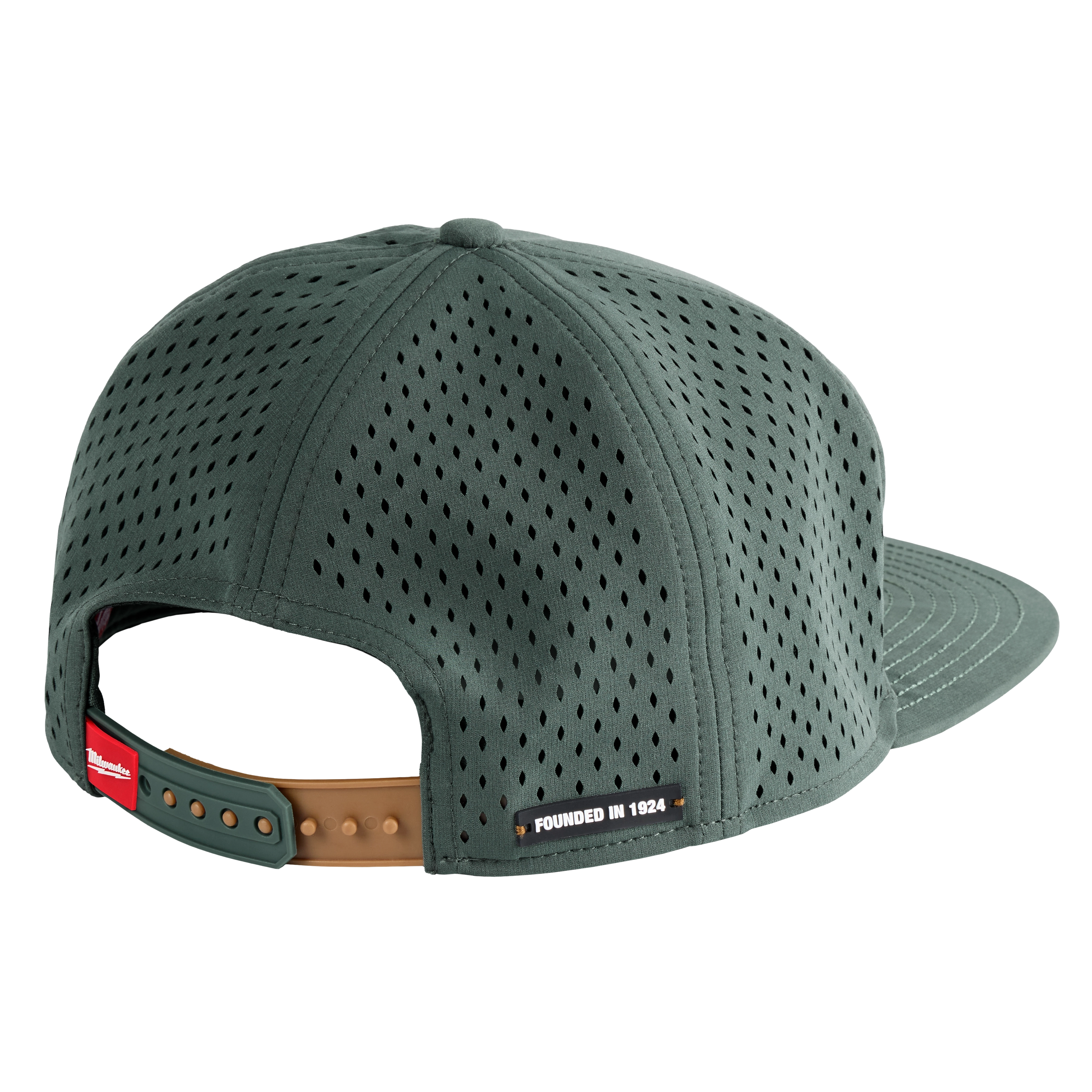 Flat Brim Snapback cap in dark green with perforated design, adjustable brown snap closure, and "Founded in 1924" text.