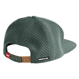 Flat Brim Snapback cap in dark green with perforated design, adjustable brown snap closure, and "Founded in 1924" text.