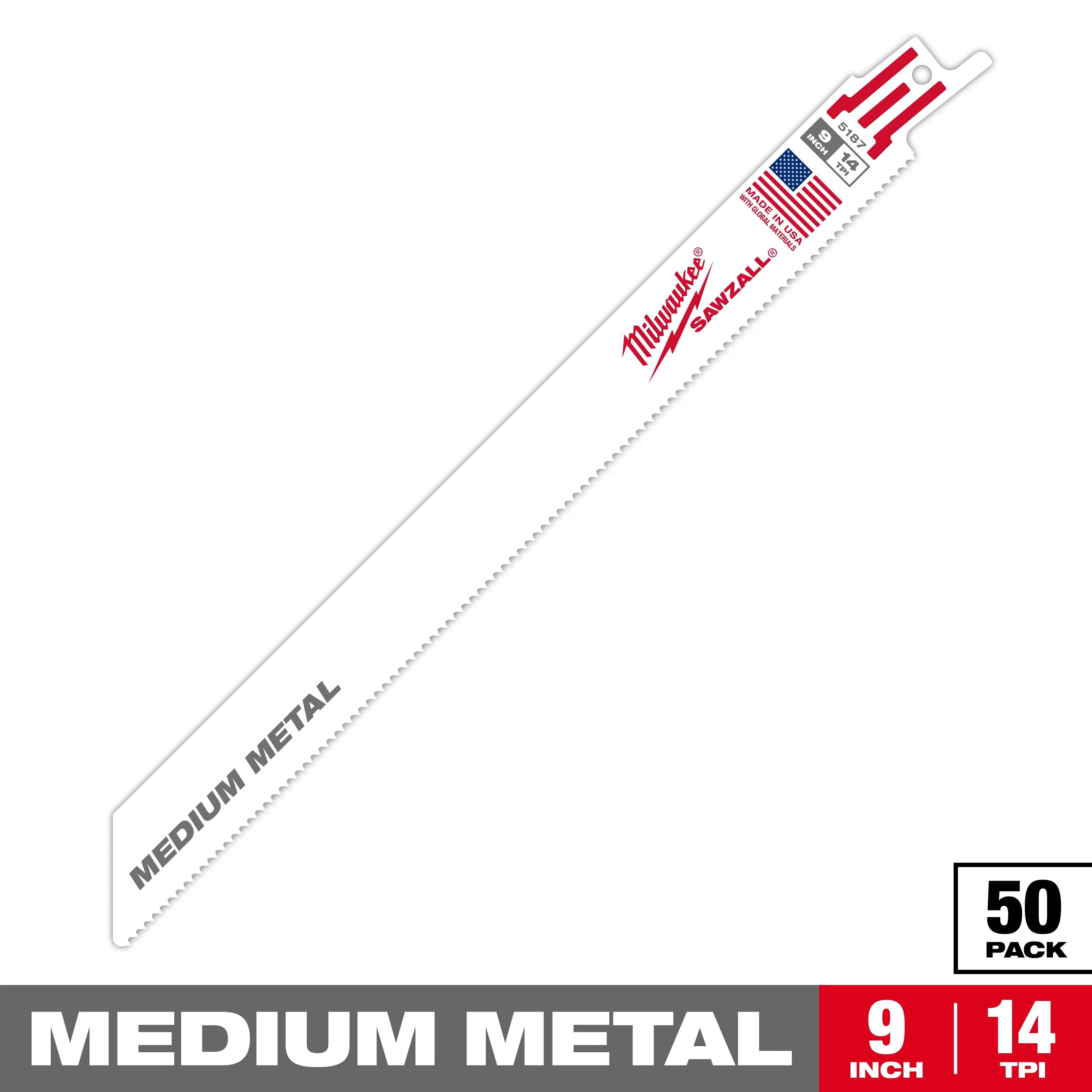 Milwaukee Sawzall blade for cutting medium metal, 9 inches long with 14 teeth per inch (TPI). Blade is white with red and black text, and includes an American flag graphic. Packaging indicates a 50-pack quantity.