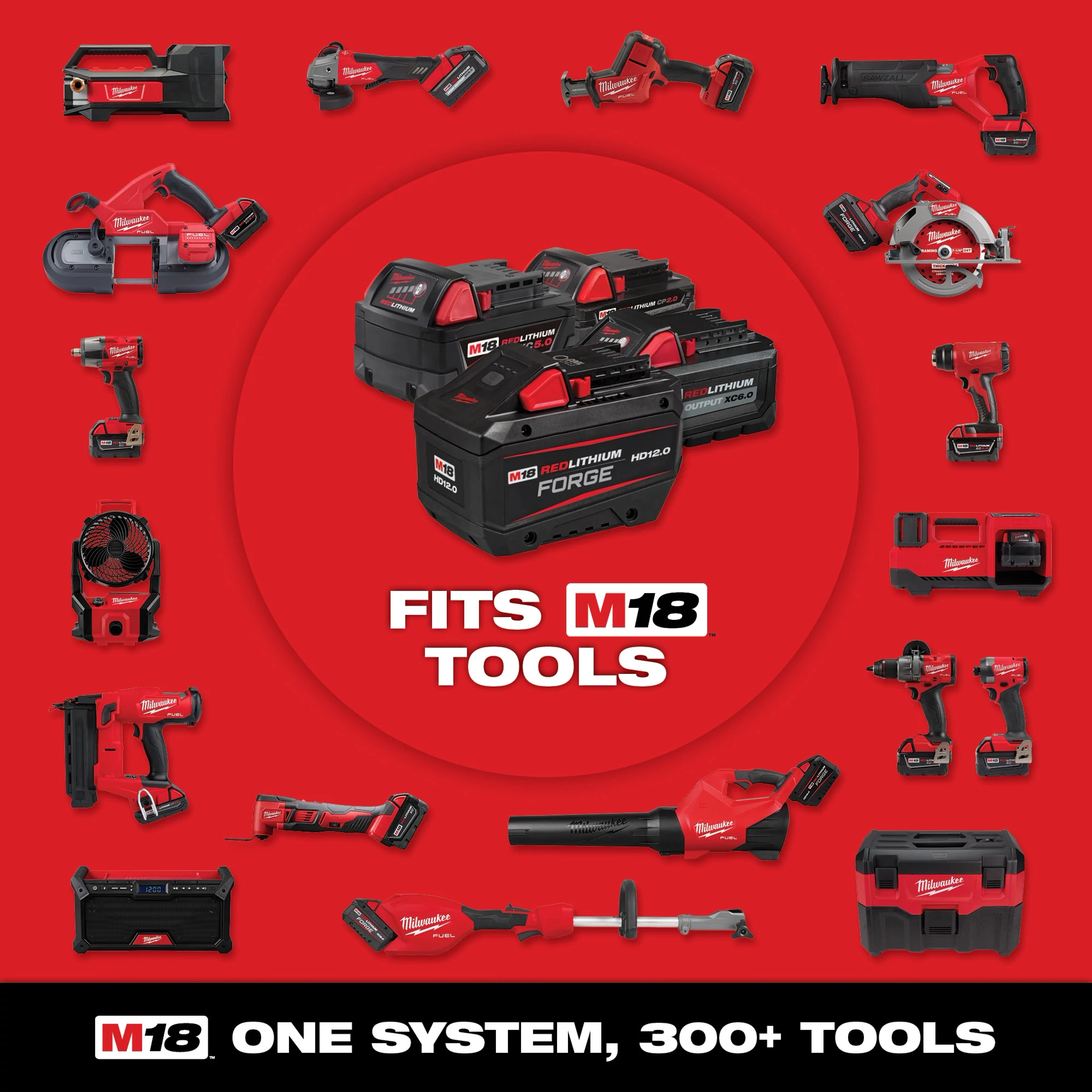 Milwaukee M18 system featuring multiple M18 REDLITHIUM batteries, surrounded by various M18 cordless tools including drills, saws, lights, and vacuums. The image highlights the compatibility of M18 batteries with over 300 tools. Text reads, “FITS M18 TOOLS” and “ONE SYSTEM, 300+ TOOLS.”