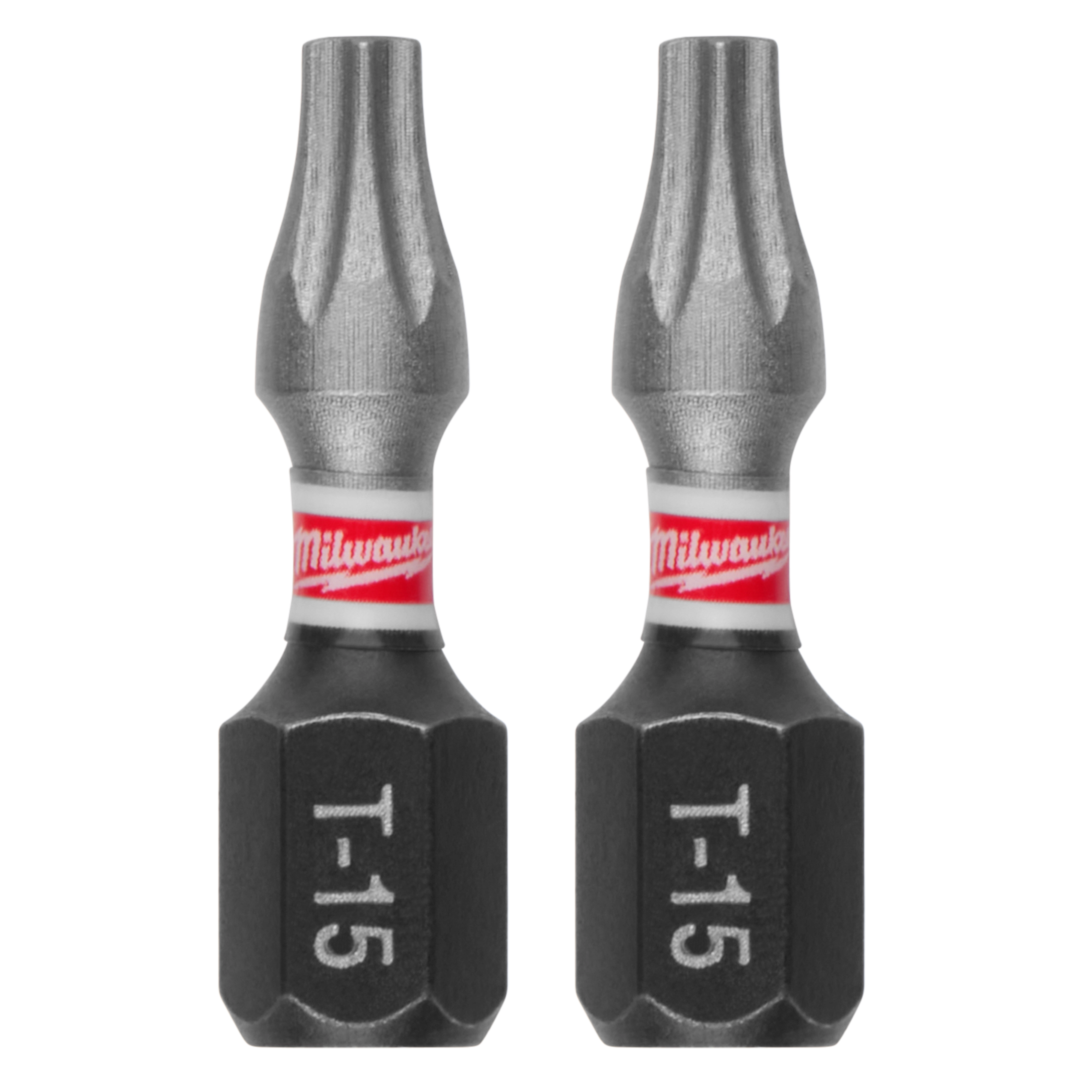 Two SHOCKWAVE™ Impact TORX® T15 Insert Bits (2 PK) by Milwaukee are shown. The bits are black with T-15 marked at the base and a silver tip. Each bit has a red and white Milwaukee logo near the top.