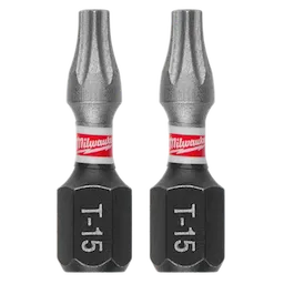 Two SHOCKWAVE™ Impact TORX® T15 Insert Bits (2 PK) by Milwaukee are shown. The bits are black with T-15 marked at the base and a silver tip. Each bit has a red and white Milwaukee logo near the top.