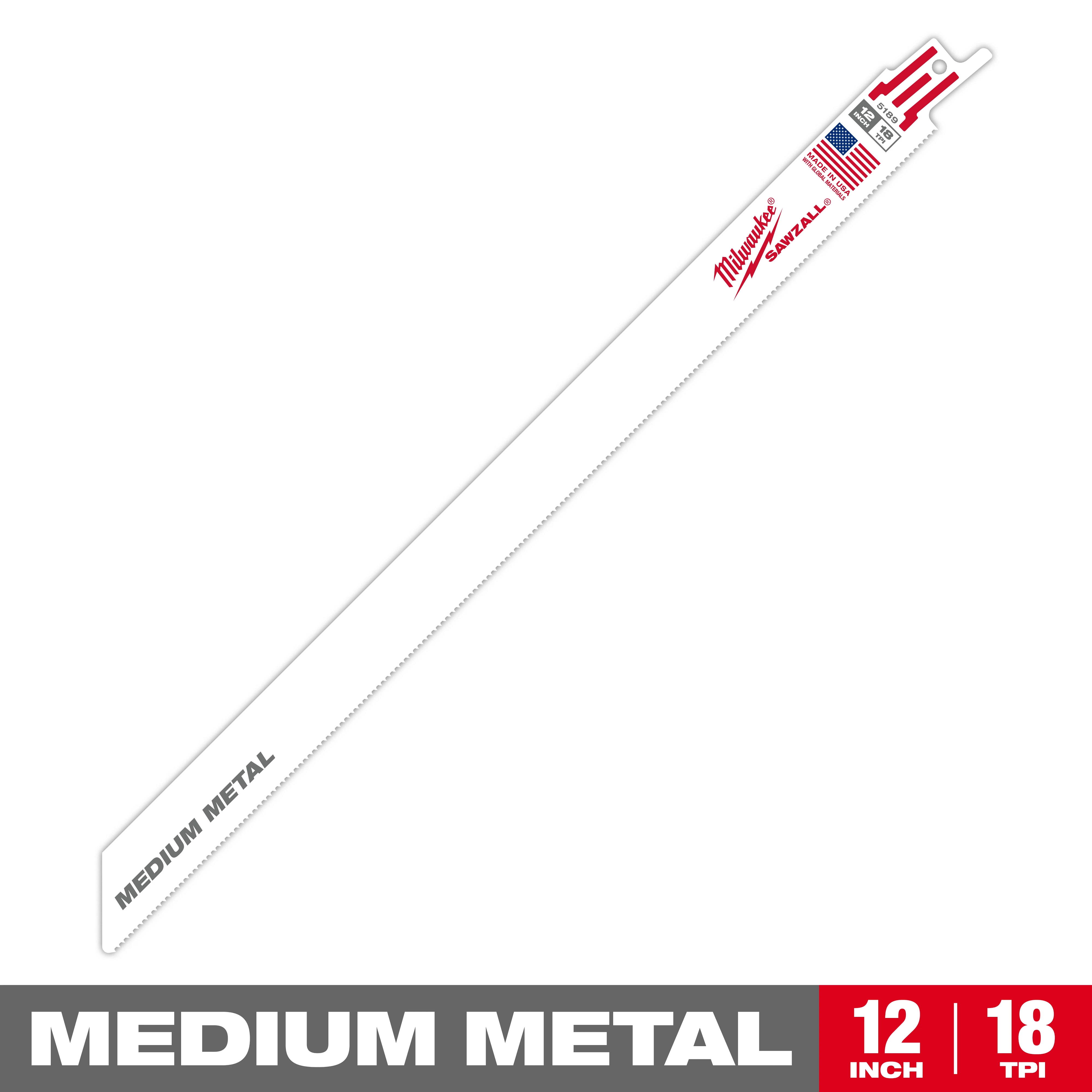 Milwaukee Sawzall blade for cutting medium metal, measuring 12 inches in length and featuring 18 teeth per inch (TPI). The blade is white with Milwaukee branding and an American flag illustration. The lower part of the image displays specifications: "Medium Metal, 12 inch, 18 TPI."