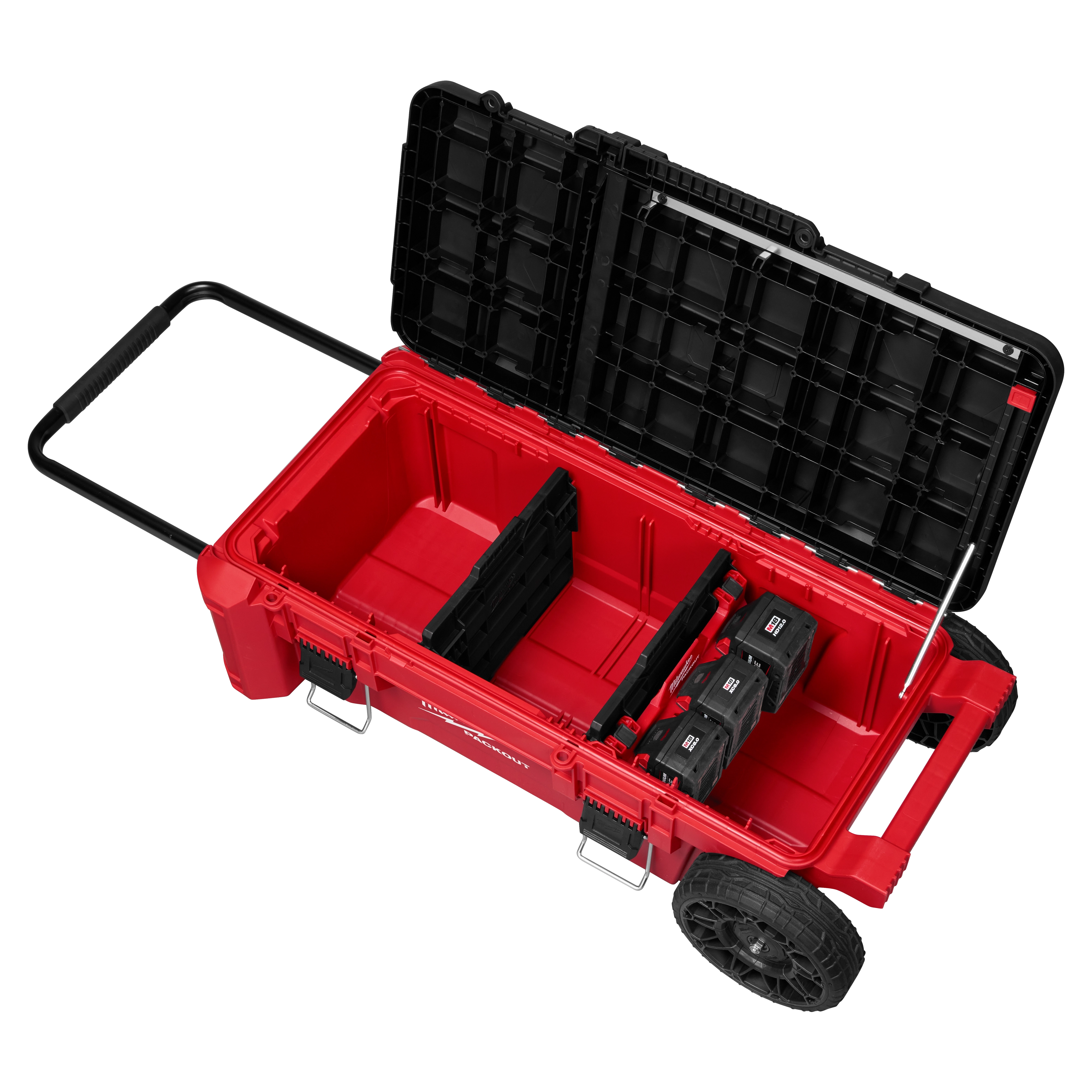 PACKOUT Rolling Tool Chest with Compact Split Lid open, showing interior dividers, batteries, wheels, and extended handle.