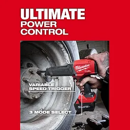 M18 FUEL STRIKER Hammer Chisel being used on a vehicle wheel with text highlighting variable speed trigger and 3 mode select.