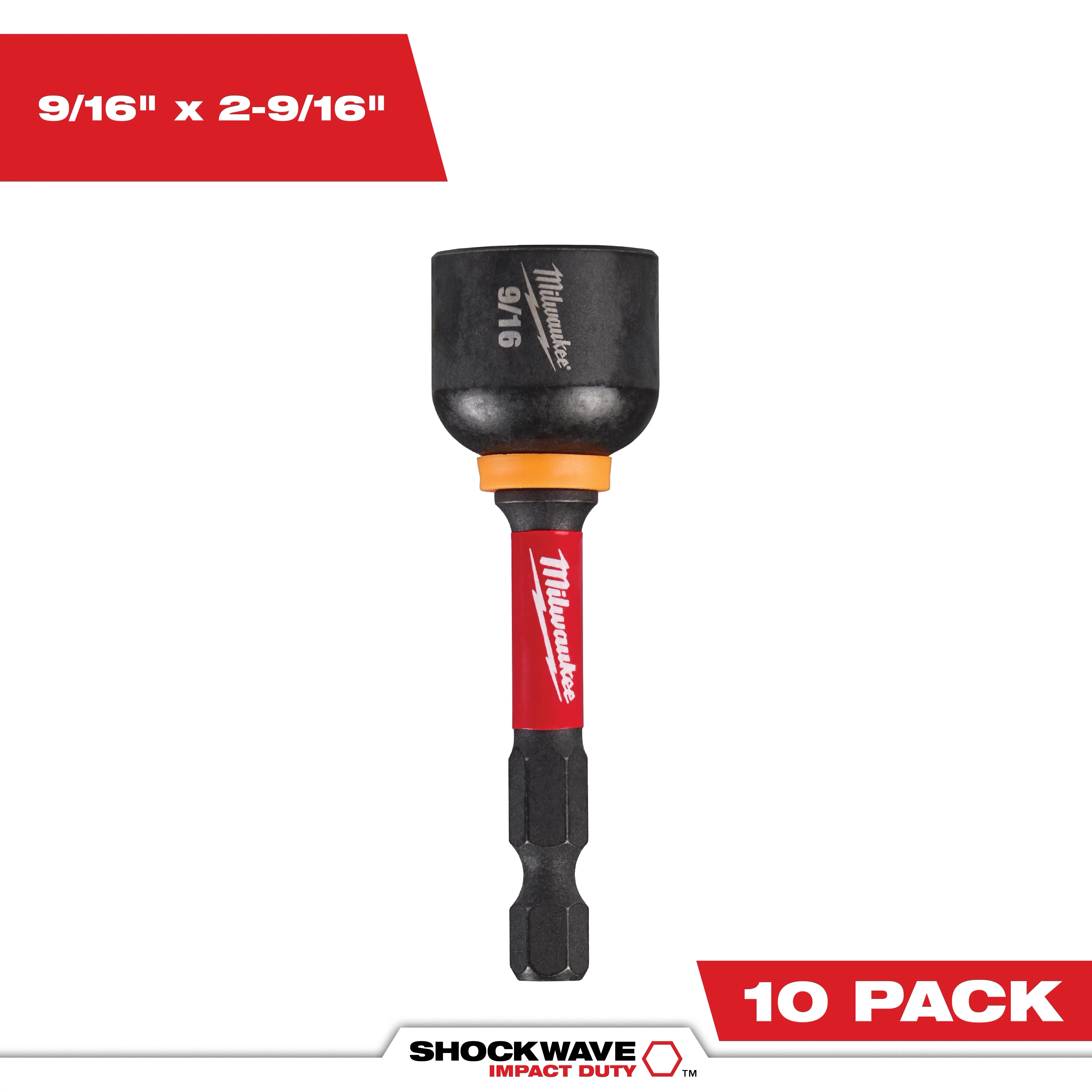 Image of SHOCKWAVE™ Impact Duty™ 9/16” x 2-9/16” Magnetic Nut Driver BULK 10 pack. The nut driver has a black socket, red shank with Milwaukee branding, and a hexagonal bit. The size "9/16” x 2-9/16”" and "10 PACK" are indicated in red boxes.