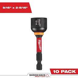 Image of SHOCKWAVE™ Impact Duty™ 9/16” x 2-9/16” Magnetic Nut Driver BULK 10 pack. The nut driver has a black socket, red shank with Milwaukee branding, and a hexagonal bit. The size "9/16” x 2-9/16”" and "10 PACK" are indicated in red boxes.