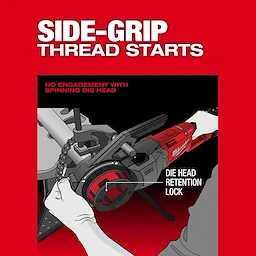 The M18 FUEL™ Pipe Threader w/ ONE-KEY™ features a side-grip thread start with a die head retention lock. The poster highlights "No engagement with spinning die head" and illustrates proper hand positioning during use.