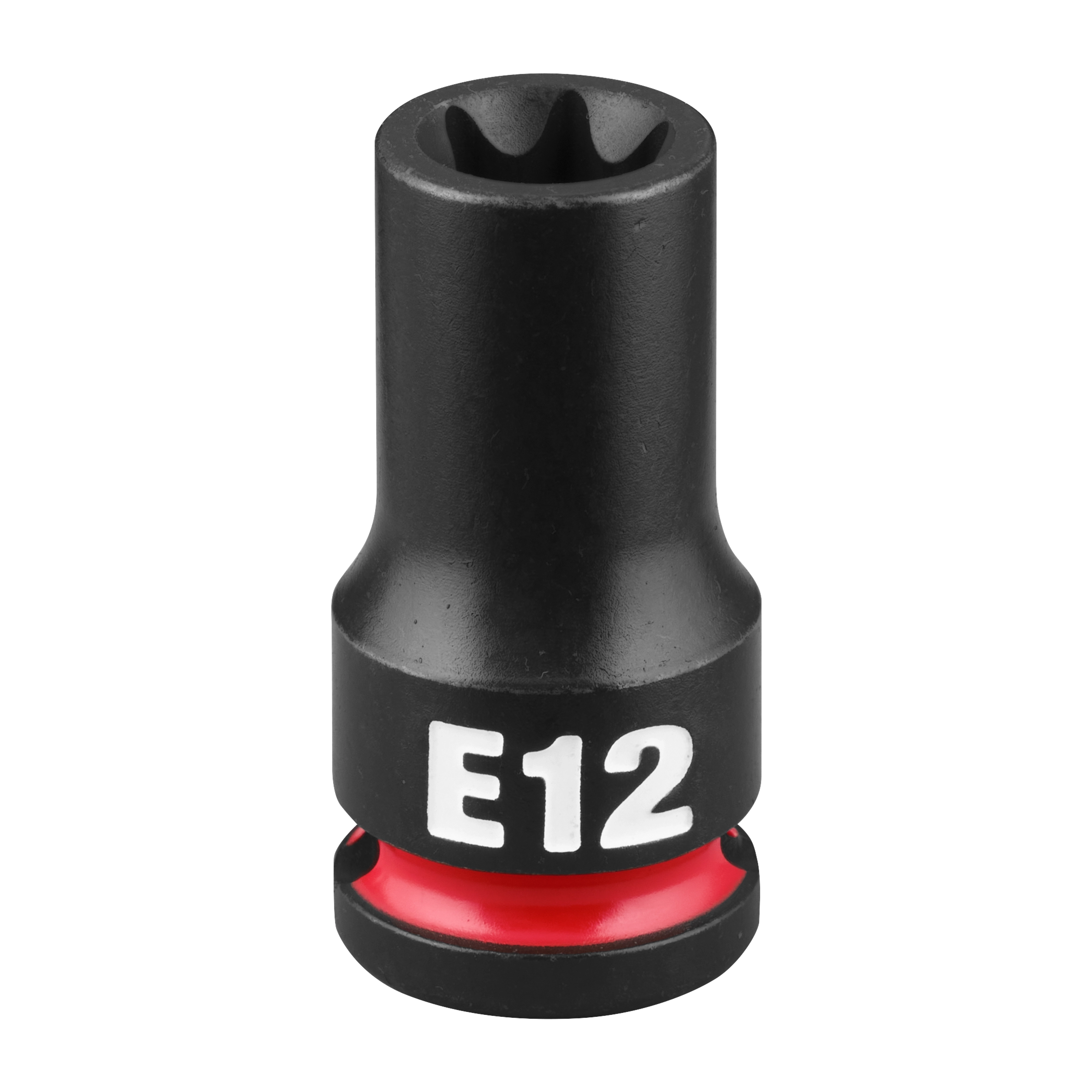 SHOCKWAVE Impact Duty 3/8" Drive E-Torx E12 Bit Socket features a black finish with white "E12" marking and a red ring at the base.