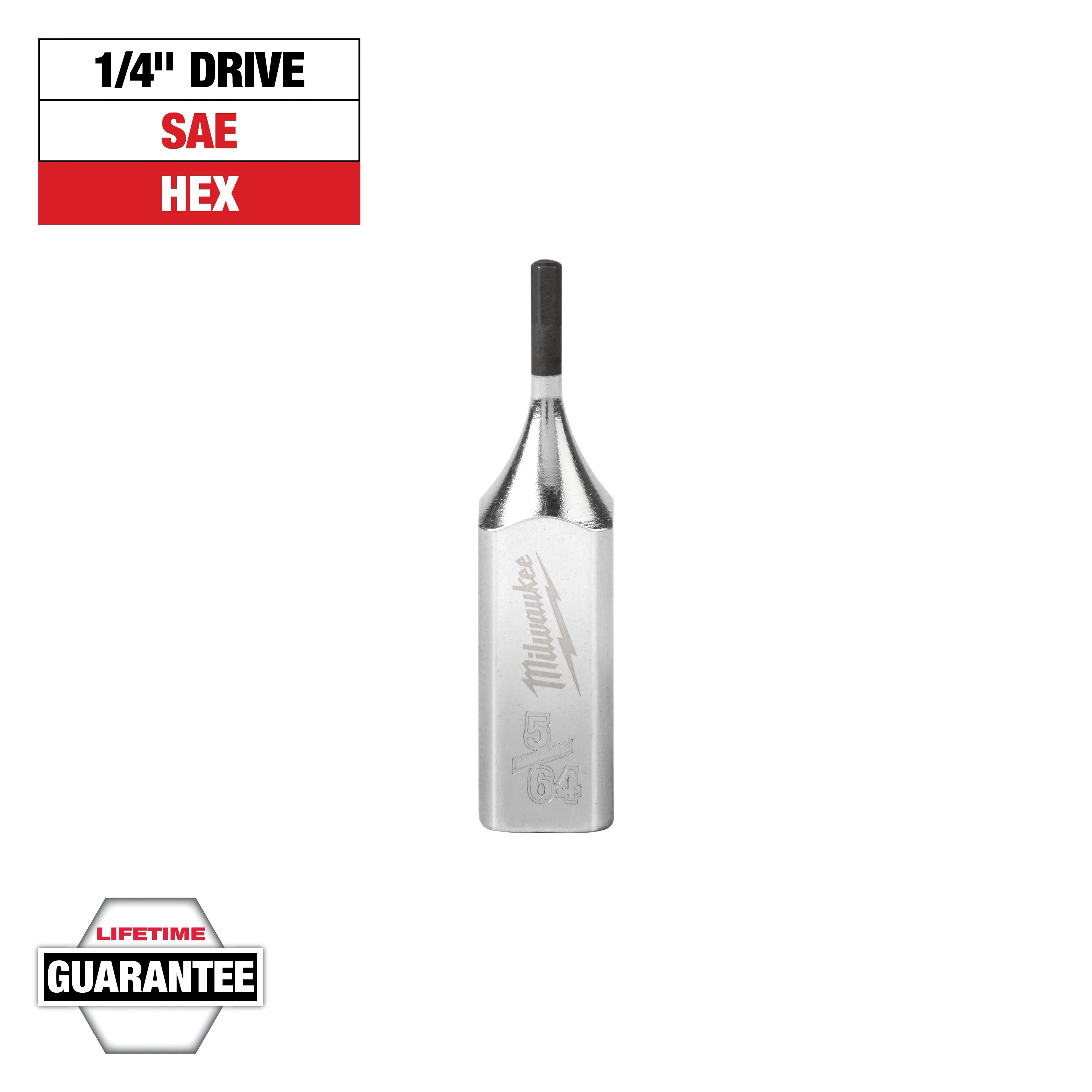 This image shows a Milwaukee brand 1/4" drive SAE hex bit. The bit is metallic, with "Milwaukee" engraved on it. Text on the image highlights "1/4" Drive," "SAE," and "Hex." A "Lifetime Guarantee" badge is also visible in the bottom left corner.
