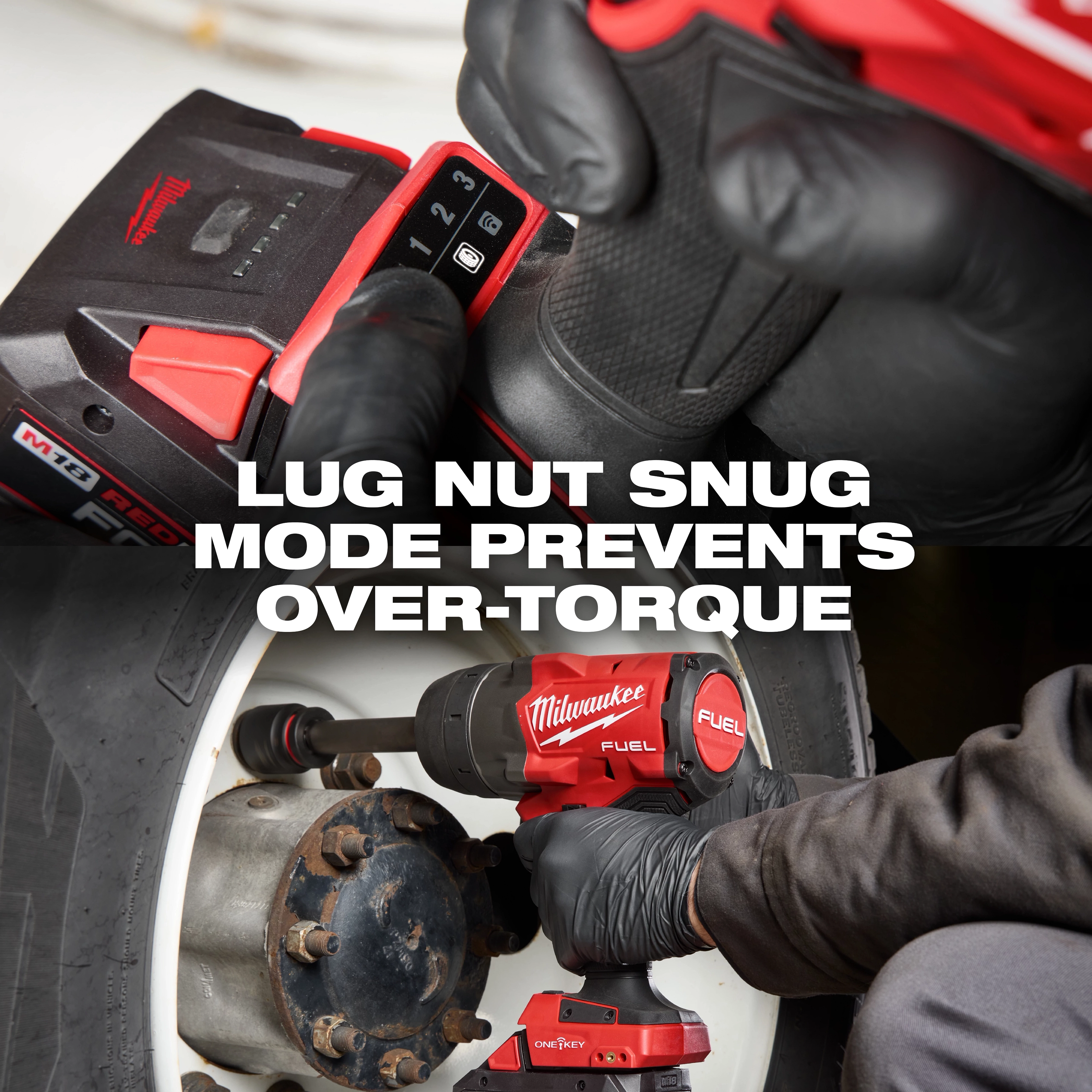 Gloved hands use the M18 FUEL 3/4" Extended Anvil High Torque Impact Wrench w/ ONE-KEY Kit on a truck wheel.