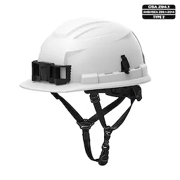 BOLT 4PT White Front Brim Non-Vented Safety Helmet - Type 2, Class E. Features adjustable straps and compliance labels.