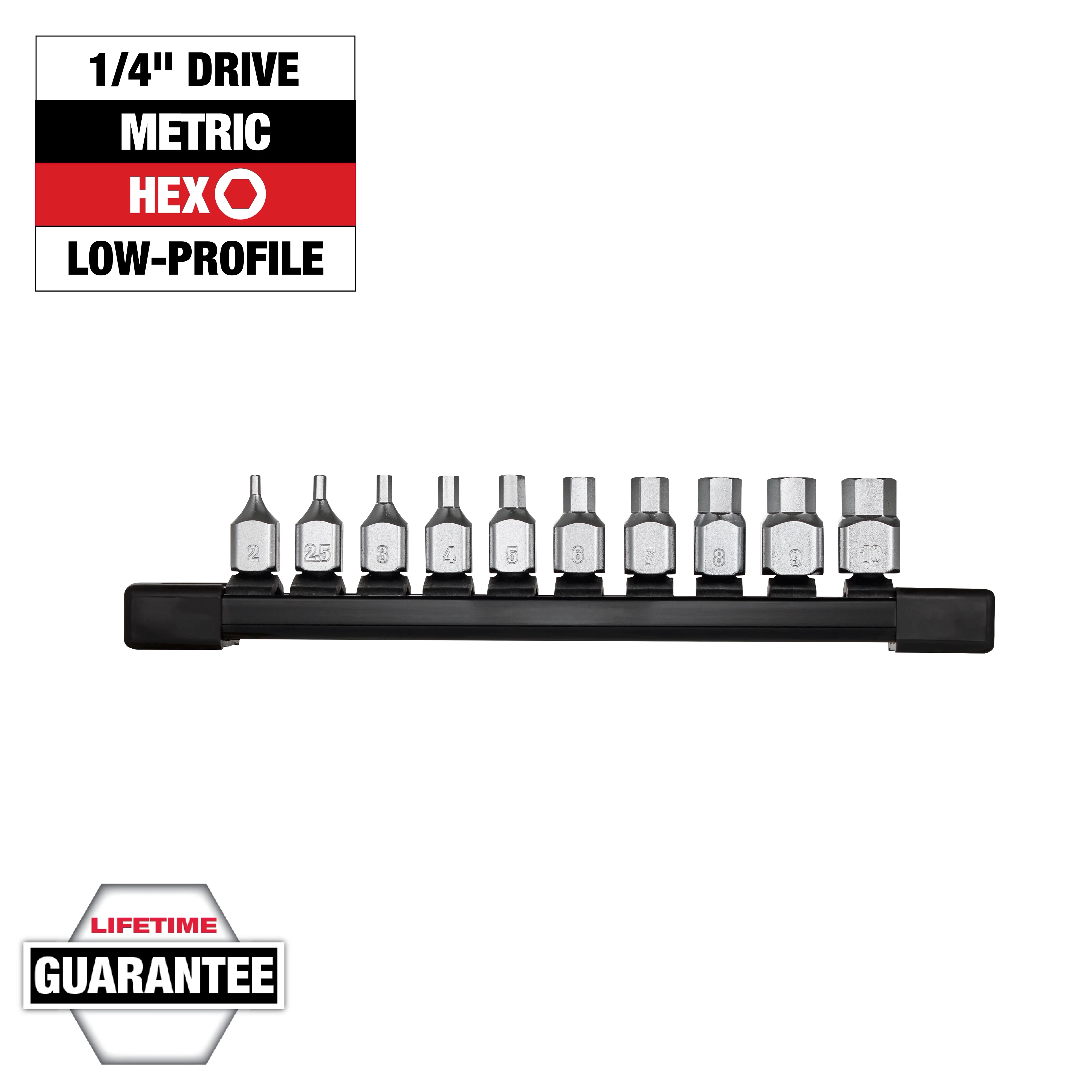 10-piece 1/4” Drive Low-Profile Hex Bit Socket Set - Metric, displayed in a black holder with sizes from 2mm to 10mm.