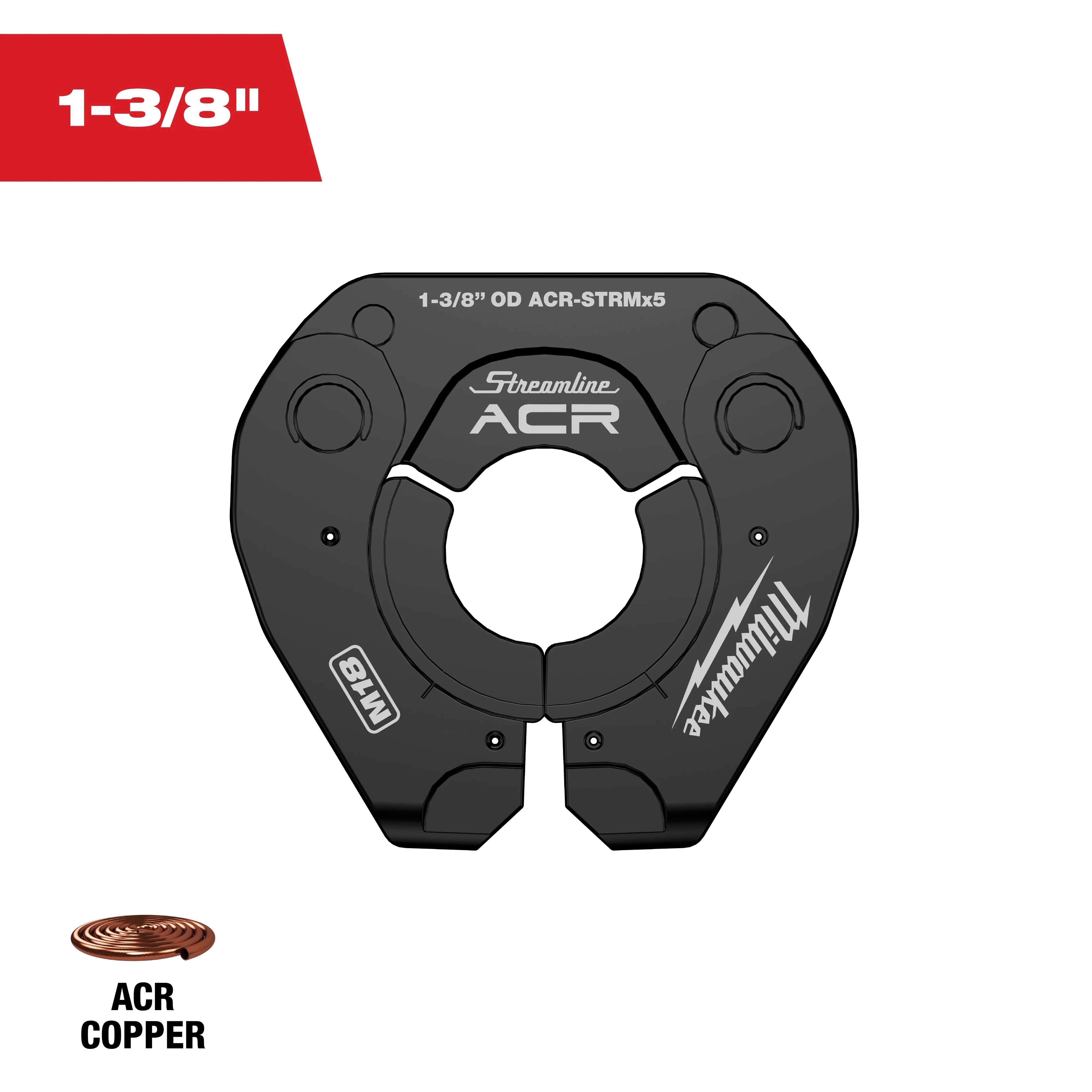 The 1-3/8" Streamline® ACR Pivoting Press Ring is a black tool attachment for pressing ACR copper pipes. It features the Streamline and Milwaukee logos and a circular opening in the center.
