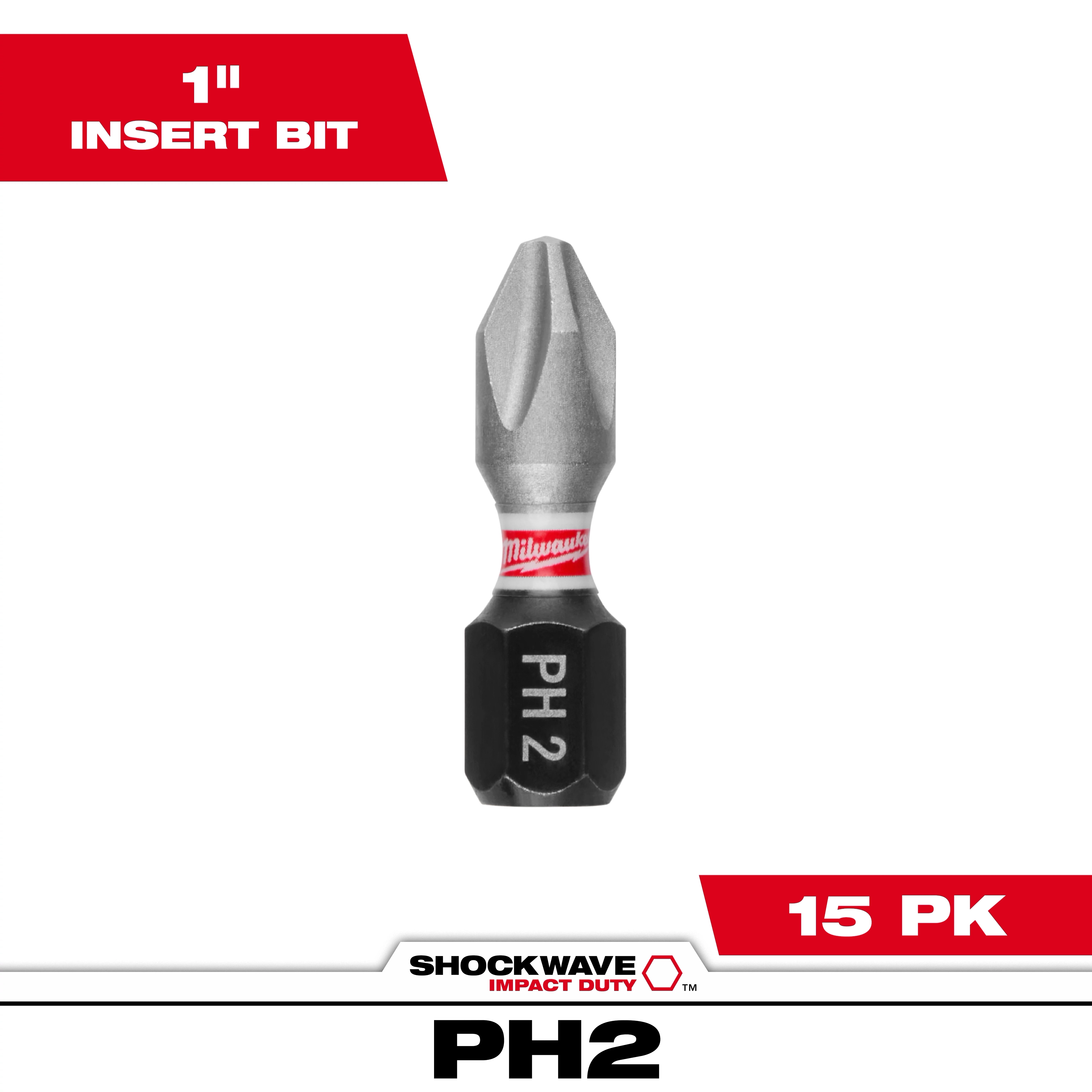The image shows one SHOCKWAVE™ 1" Impact Duty Phillips #2 Insert Bit from the 15 Contractor Pack. The bit has a silver and black finish with "PH 2" marked on the black section, and "Milwaukee" branding on a red ring.