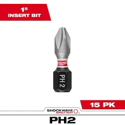 The image shows one SHOCKWAVE™ 1" Impact Duty Phillips #2 Insert Bit from the 15 Contractor Pack. The bit has a silver and black finish with "PH 2" marked on the black section, and "Milwaukee" branding on a red ring.