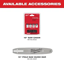 M18 FUEL QUIK-LOK 10" Pole Saw Attachment, includes accessories: 10" saw chain (49-16-2723) and 10" pole saw guide bar (48-09-5001).