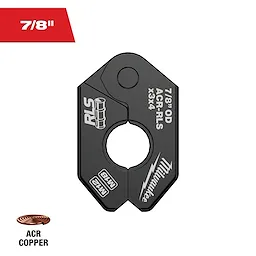 The 7/8" RLS® Pivoting Press Ring is a black metal ring used for pressing ACR copper tubes with a 7/8" outer diameter. The ring features engraved white text detailing its specifications and brand mark.