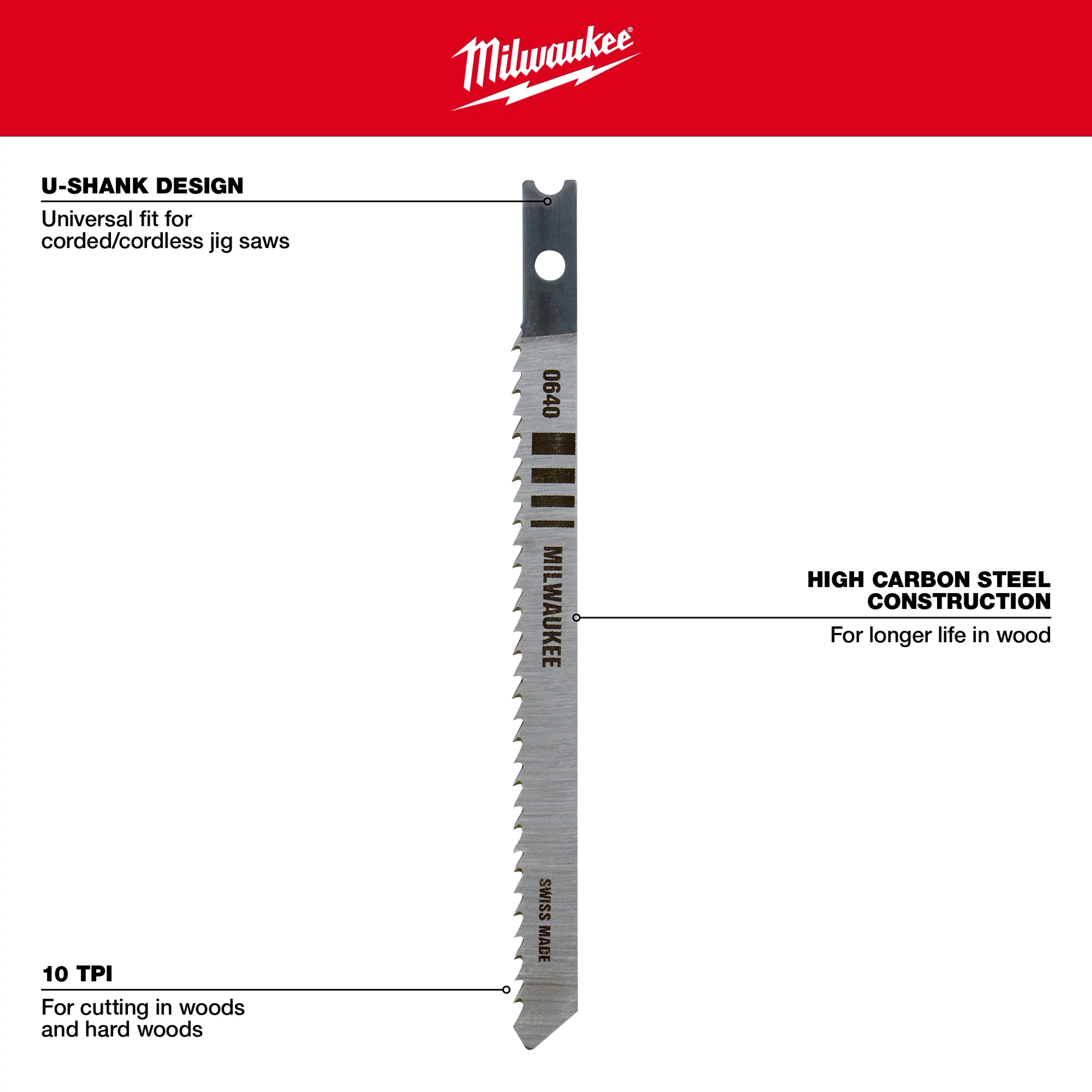4" 10TPI U-Shank Wood High Carbon Steel Jig Saw Blade, 5-pack. Features universal U-shank design, high carbon steel construction, and 10 teeth per inch.
