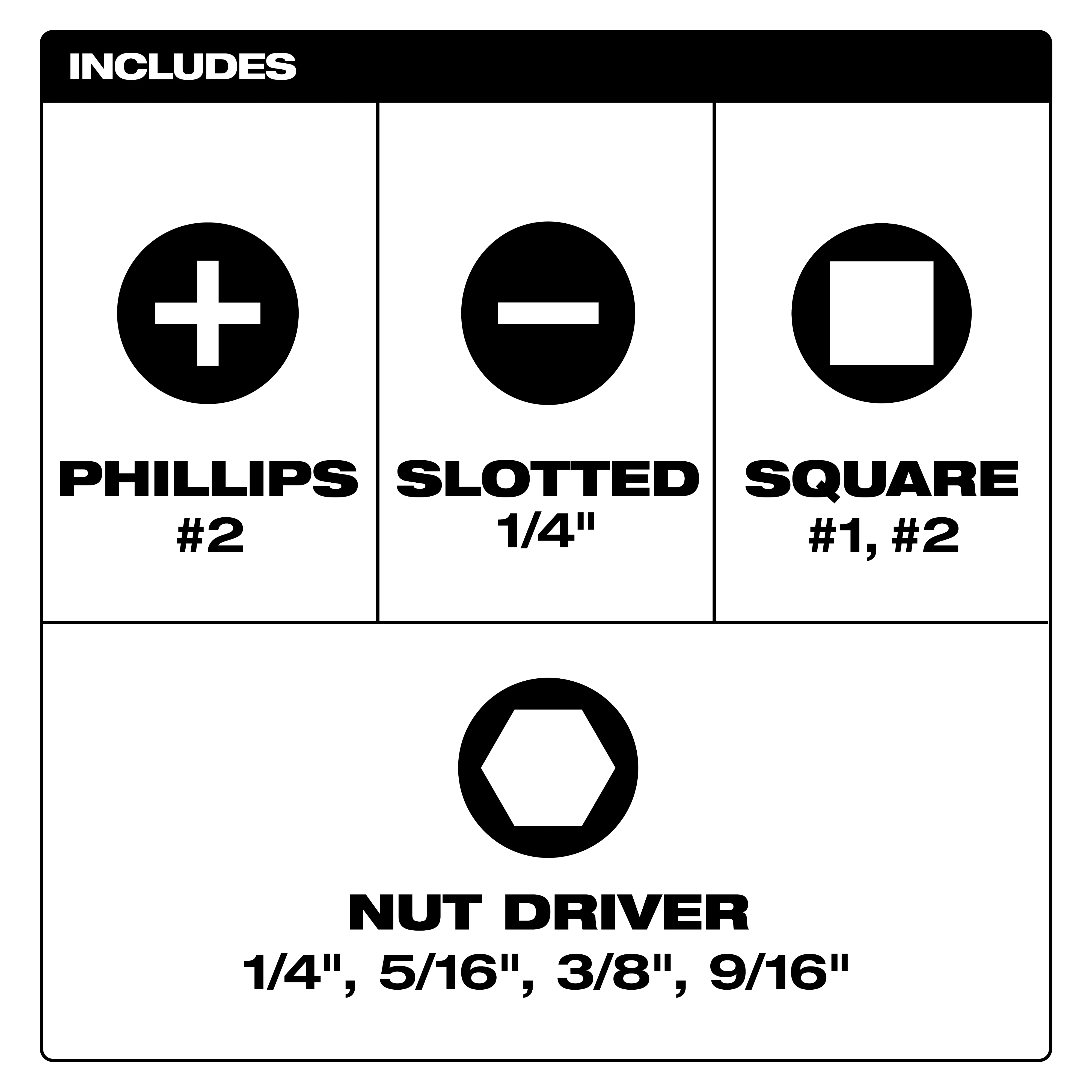 The 8-IN-1 Multi-Bit & Nut Driver W/ SHOCKWAVE Impact Duty Bits & Nut Drivers includes Phillips #2, Slotted 1/4", Square #1 and #2 bits, and Nut Driver sizes 1/4", 5/16", 3/8", and 9/16".
