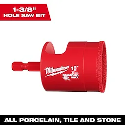 Red 1-3/8" Diamond Max Hole Saw Bit designed for cutting through porcelain, tile, and stone with durability and precision.