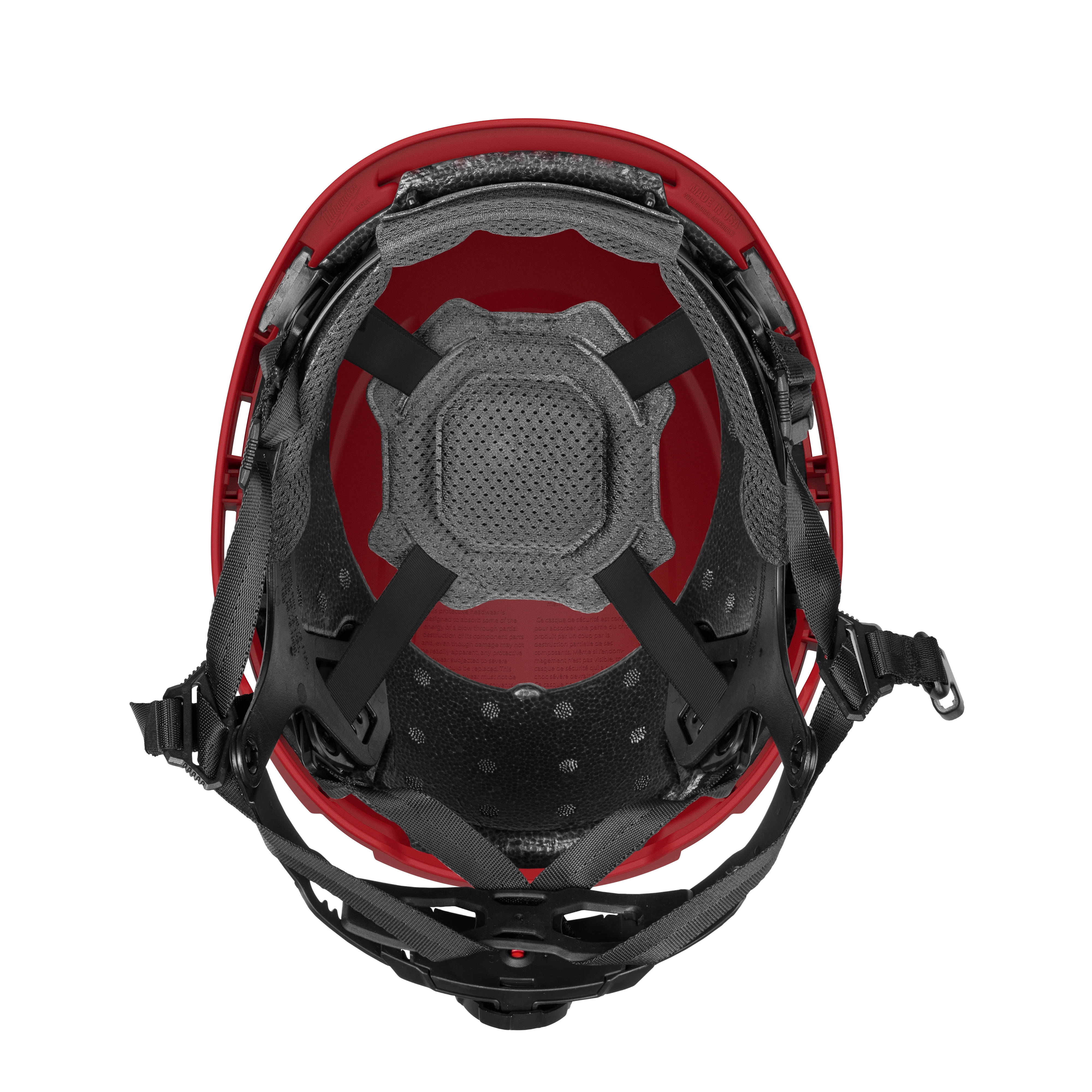 BOLT™ Red Safety Helmet features a 4-point ratcheting suspension for secure fit. It is Type 2, Class E, designed for maximum protection on construction sites. The interior view shows padded black straps and a mesh lining for added comfort and safety. The product is red with black adjustable components.