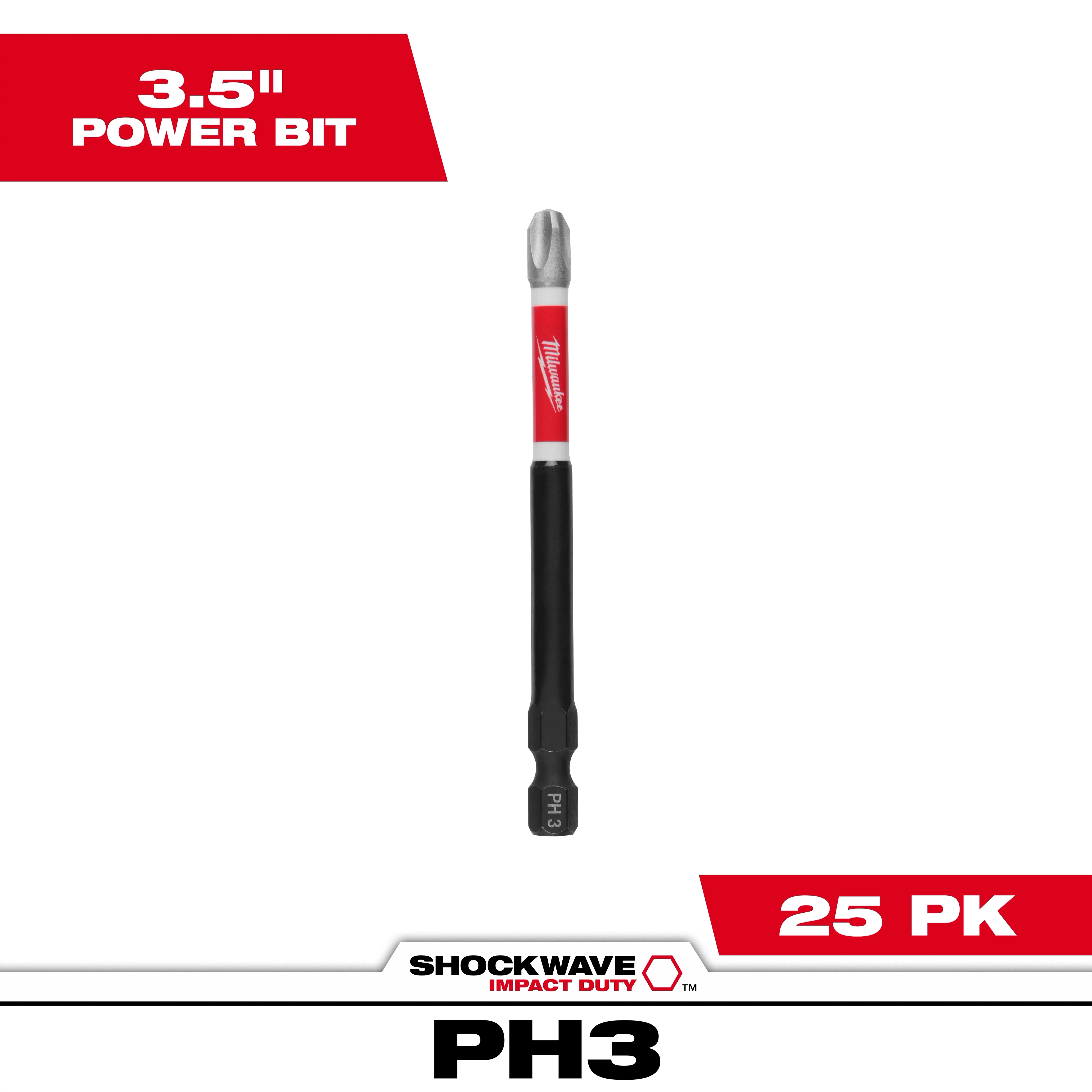 The image shows a SHOCKWAVE™ 3-1/2” Impact Duty Phillips #3 Power Bit. It is black and red with a label identifying it as PH3. The packaging indicates a bulk pack of 25 bits.