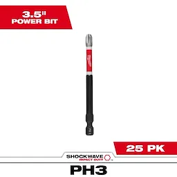 The image shows a SHOCKWAVE™ 3-1/2” Impact Duty Phillips #3 Power Bit. It is black and red with a label identifying it as PH3. The packaging indicates a bulk pack of 25 bits.