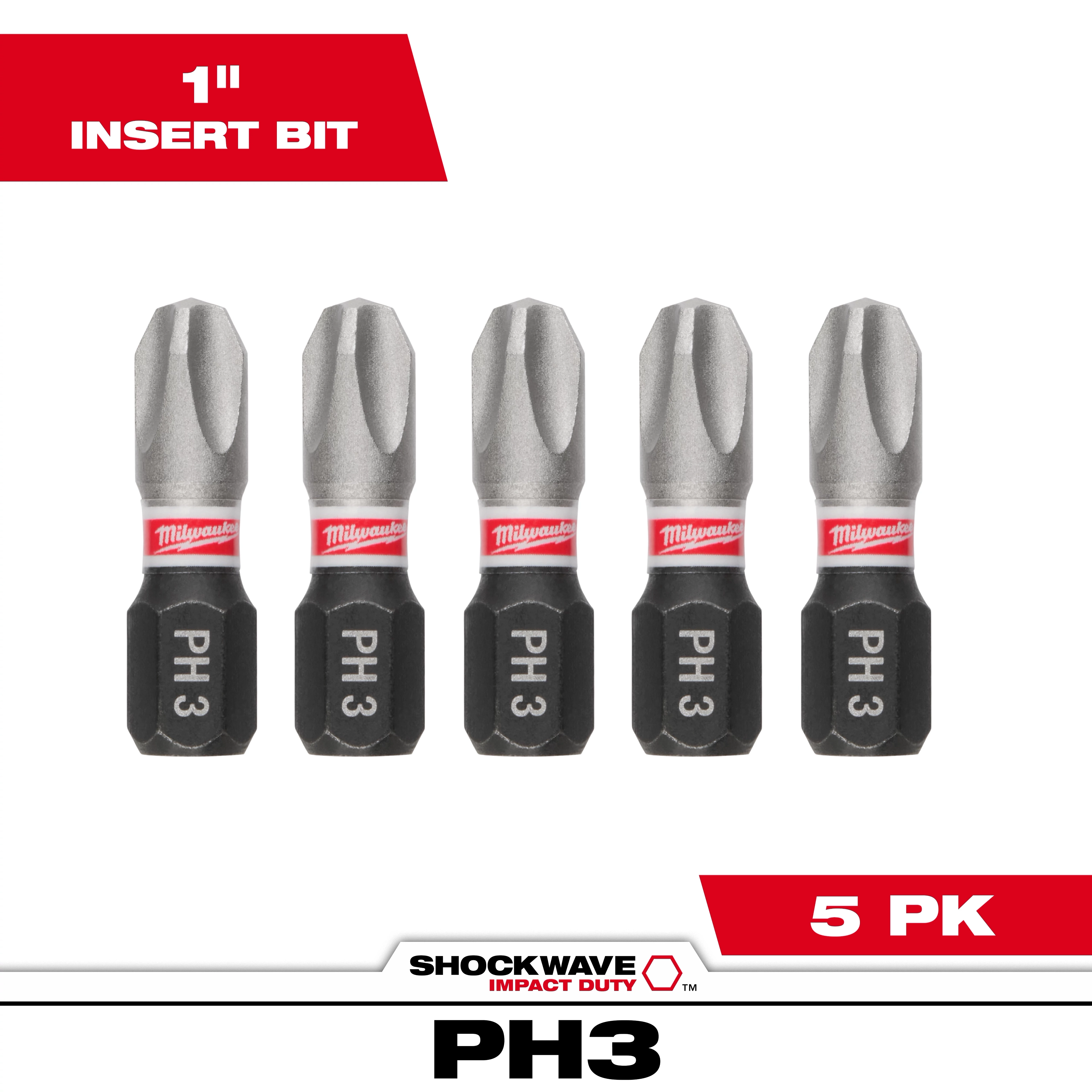 The image shows five SHOCKWAVE™ 1" Impact Duty Phillips #3 Insert Bits (5 PK) by Milwaukee. Each bit has a red Milwaukee band and a black base labeled "PH 3." The background highlights the product features in red and white text.