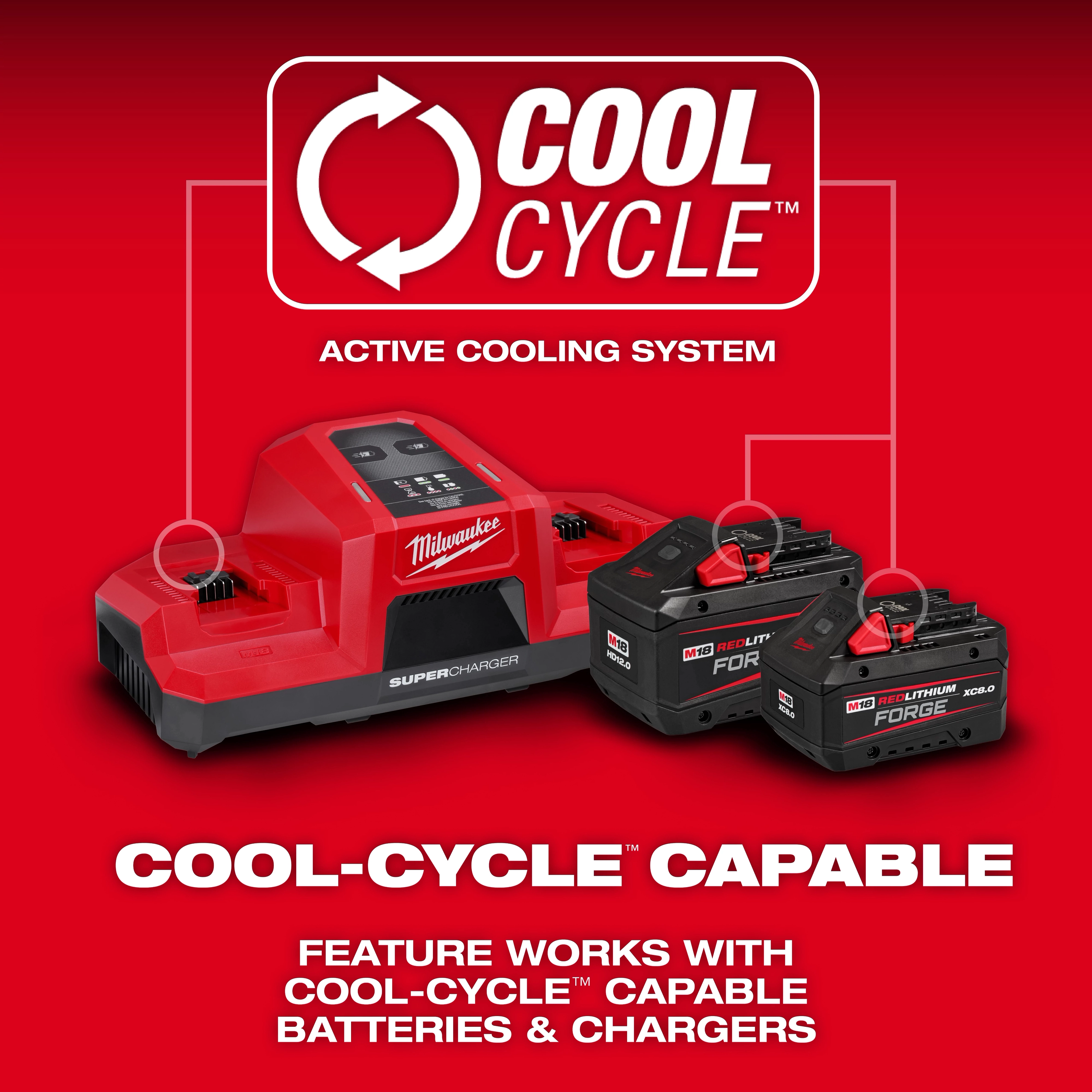 M18 REDLITHIUM FORGE XC8.0 and HD12.0 battery packs with charger featuring Cool-Cycle active cooling system on a red background.