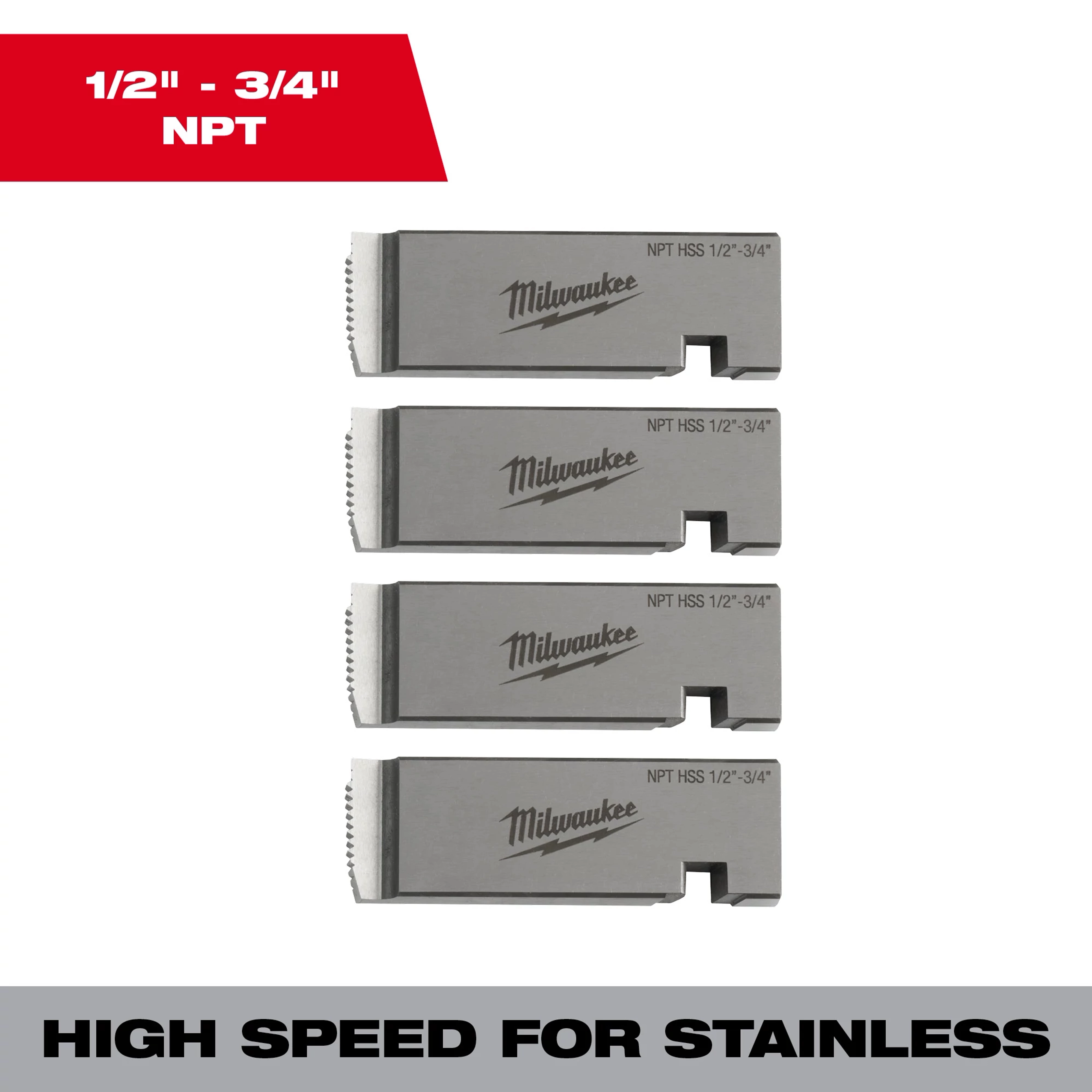 Universal Dies Image Reel contains four high-speed steel dies for stainless, fitting sizes 1/2" to 3/4" NPT, branded Milwaukee.