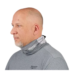 Side view of a person wearing a grey WORKSKIN Performance Neck Gaiter and a grey shirt with the same logo.