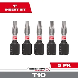 This image shows a set of five SHOCKWAVE™ 1" Impact TORX® T10 Insert Bits (5 PK). Each bit is labeled "T-10" and has a black base with a metallic top section, along with a red stripe in the middle.