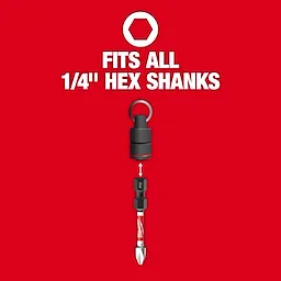 5PC Bit Holder with Carabiner fits all 1/4" hex shanks. The image shows a bit holder and a carabiner with an arrow demonstrating attachment to a drill bit.