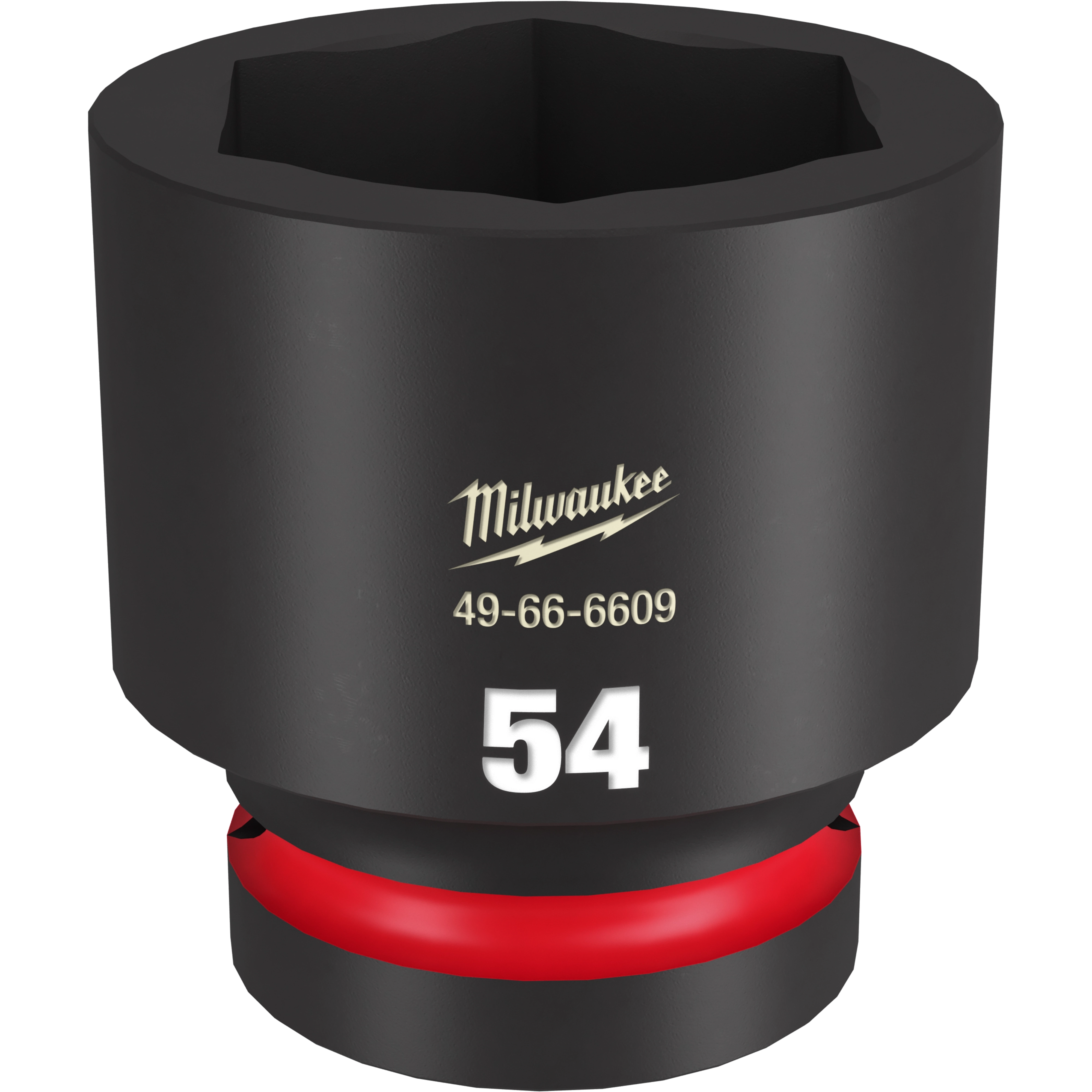 The product is a 1" drive, 54mm standard impact socket from Milwaukee, model number 49-66-6609. It is black with a red ring near the base and features a white "54" marking on the body.