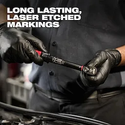 Mechanic holds 3/8" Drive Click Torque Wrench (50-250 in·lbf) with long-lasting, laser-etched markings, wearing black gloves.