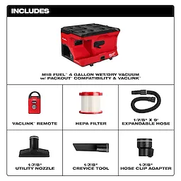 M18 FUEL 4 Gallon Wet/Dry Vacuum w/ PACKOUT Compatibility & VACLINK with remote, filter, hose, nozzles, and adapter.