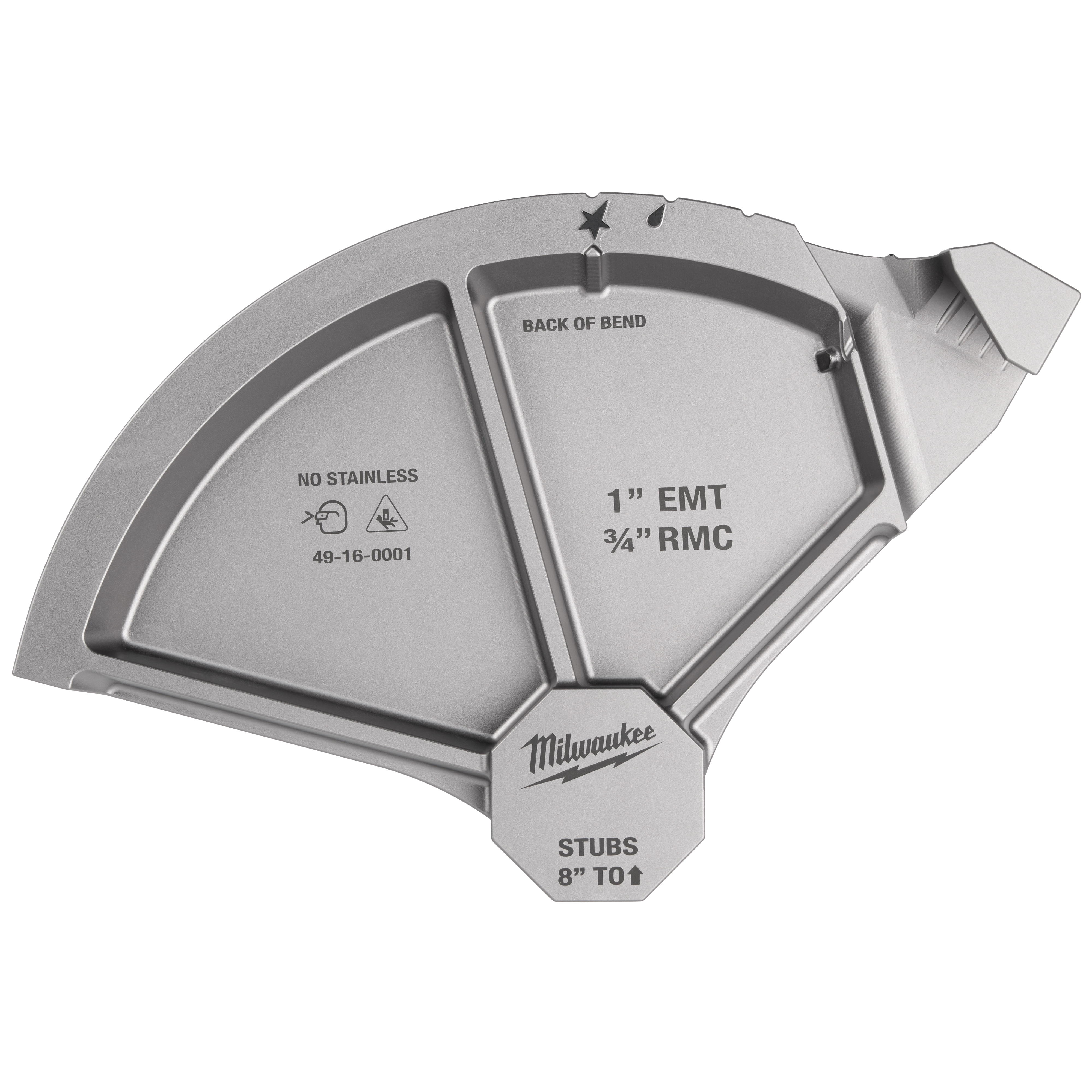 This image shows a silver Milwaukee conduit bender head designed for bending 1-inch EMT and 3/4-inch RMC conduits. The labels include "BACK OF BEND," "NO STAINLESS," model number "49-16-0001," and "STUBS 8" TO ↑." The tool is marked with the Milwaukee logo.