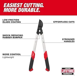 1-1/2” Lopper with long handles and labeled features on a red and white background.
