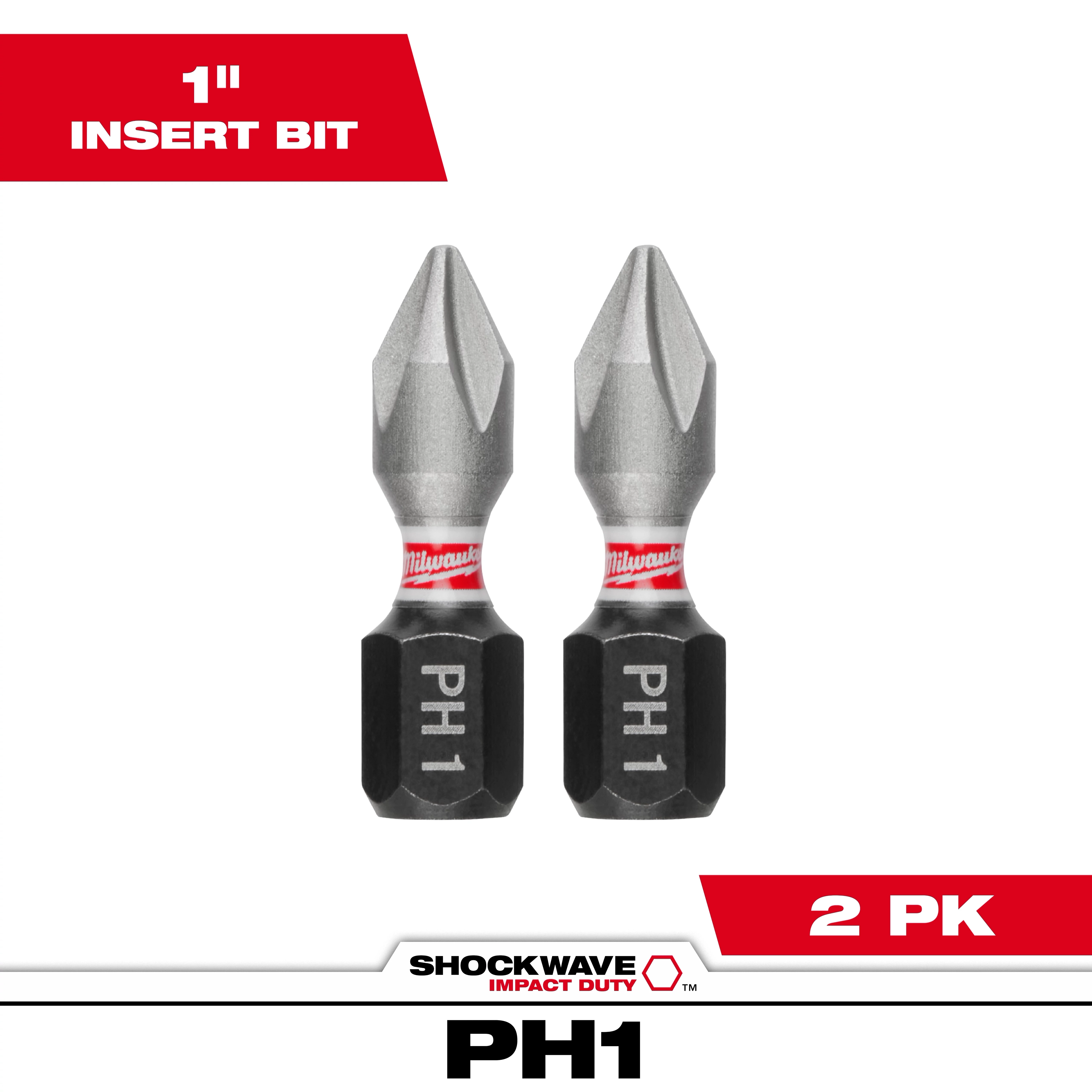 The image shows two SHOCKWAVE™ 1" Impact Duty Phillips #1 Insert Bits (2 PK). The bits are marked with "PH1" and feature a pointed tip design. The packaging highlights the "1 Inch Insert Bit" and "2 PK" in red, emphasizing that it includes two pieces.