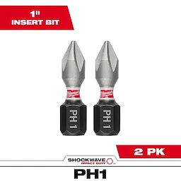 The image shows two SHOCKWAVE™ 1" Impact Duty Phillips #1 Insert Bits (2 PK). The bits are marked with "PH1" and feature a pointed tip design. The packaging highlights the "1 Inch Insert Bit" and "2 PK" in red, emphasizing that it includes two pieces.