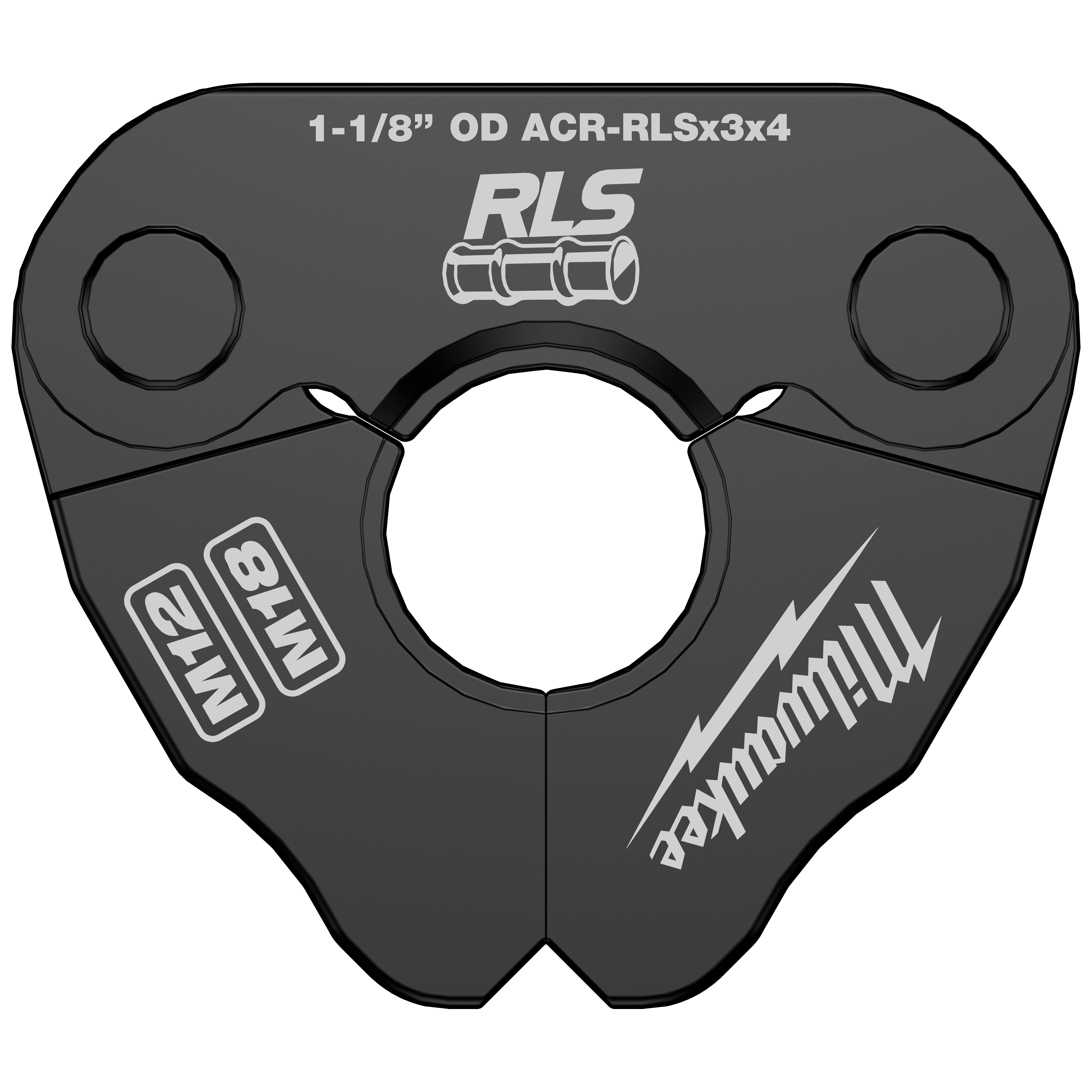 The 1-1/8" RLS® Pivoting Press Ring is a black, triangular-shaped tool designed for pipe pressing. It features the RLS logo, model details, and Milwaukee branding.