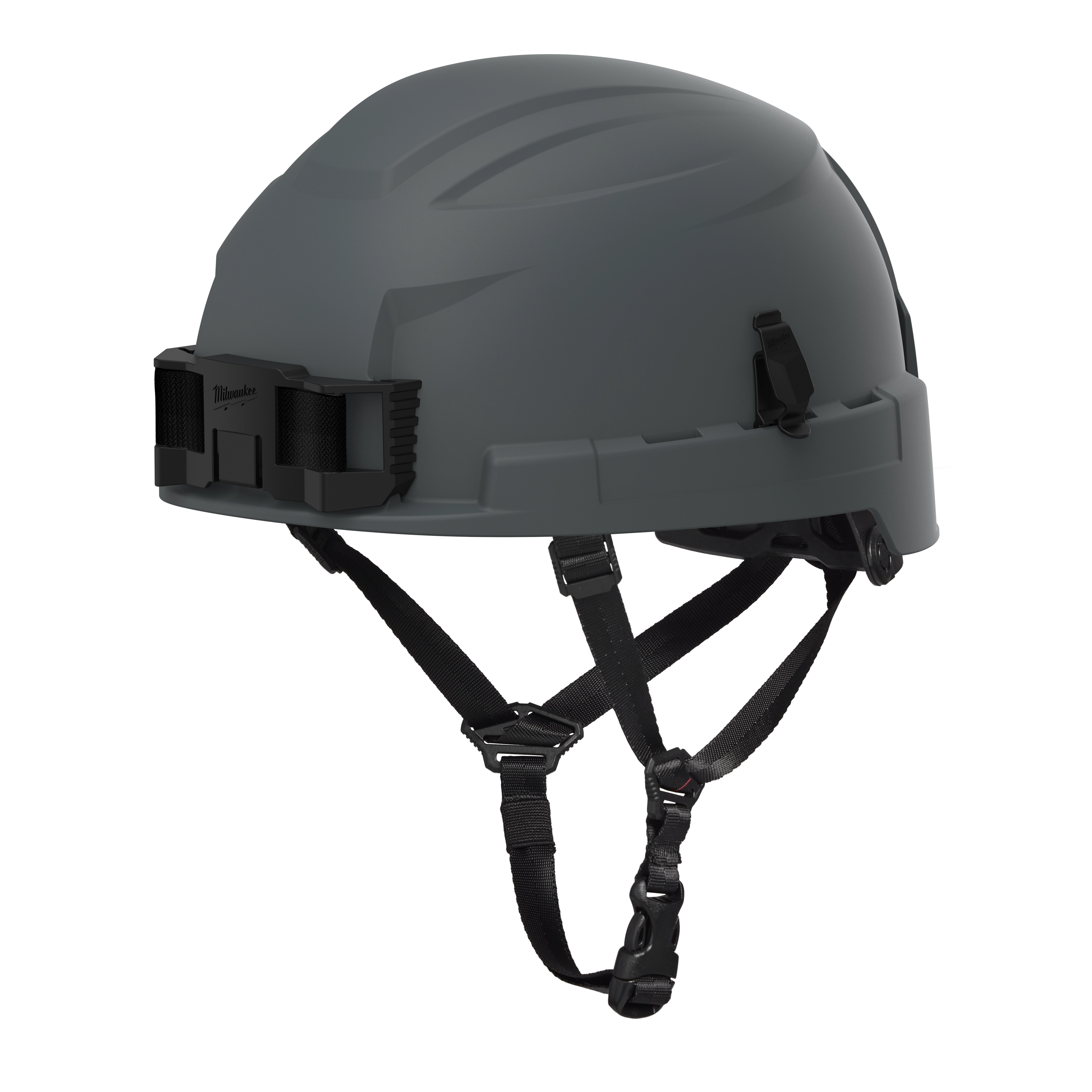 BOLT™ Grey Safety Helmet features a Type 2, Class E classification with a 4-point ratcheting suspension system. The design includes multiple attachment points and adjustable straps for secure fit and comfort. Suitable for high-risk work environments.