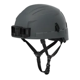 BOLT™ Grey Safety Helmet features a Type 2, Class E classification with a 4-point ratcheting suspension system. The design includes multiple attachment points and adjustable straps for secure fit and comfort. Suitable for high-risk work environments.